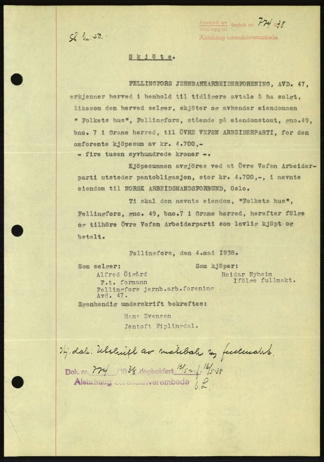 Alstahaug sorenskriveri, SAT/A-1009: Pantebok nr. A3, 1937-1938, Dagboknr: 774/1938
