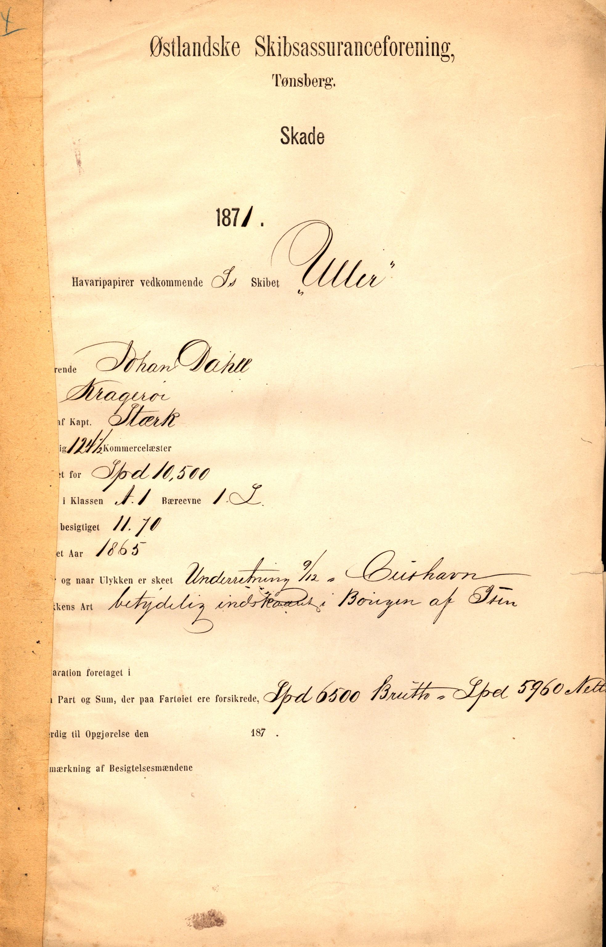 Pa 63 - Østlandske skibsassuranceforening, VEMU/A-1079/G/Ga/L0003/0014: Havaridokumenter / Uller, 1871