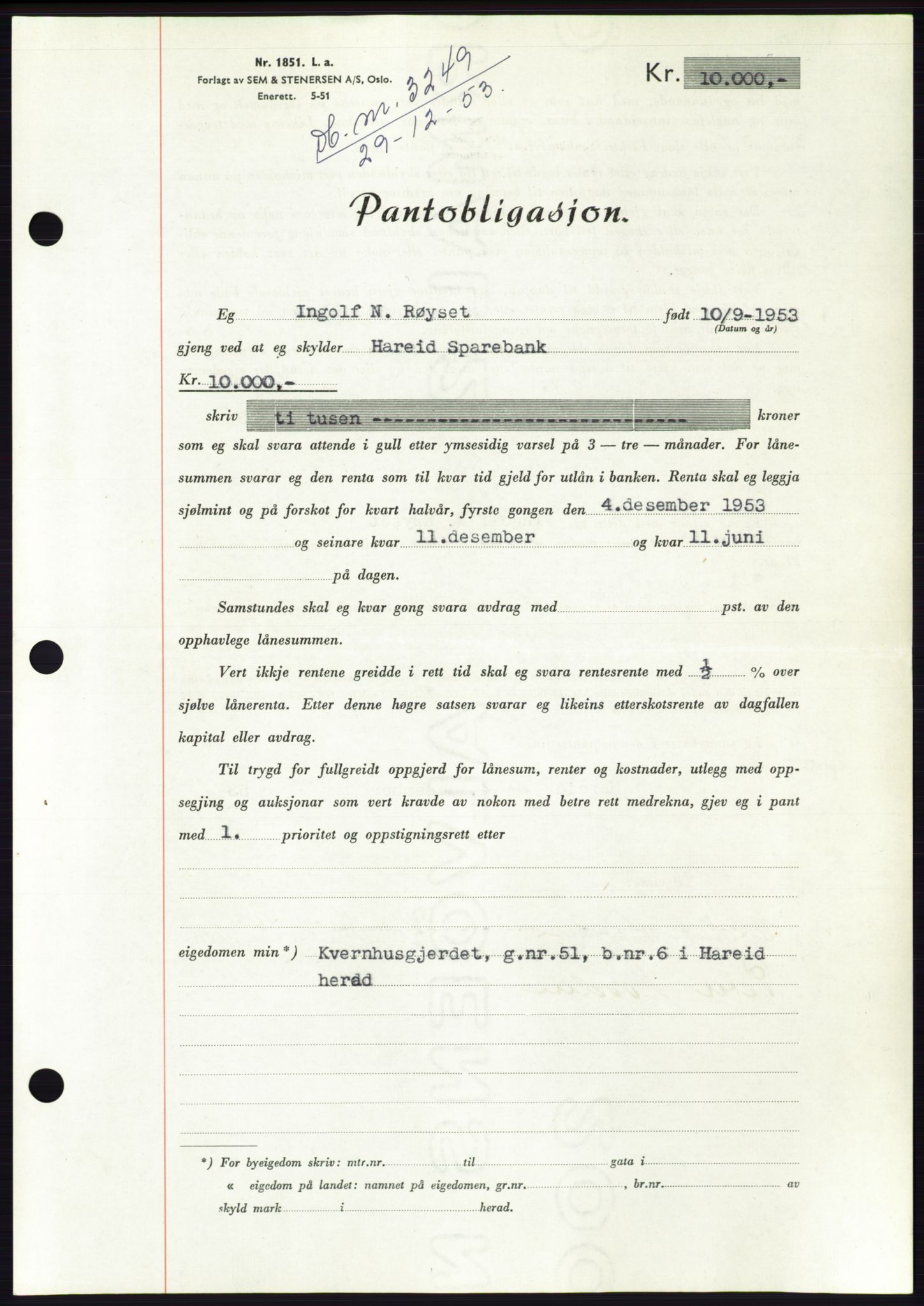 Søre Sunnmøre sorenskriveri, SAT/A-4122/1/2/2C/L0124: Pantebok nr. 12B, 1953-1954, Dagboknr: 3249/1953