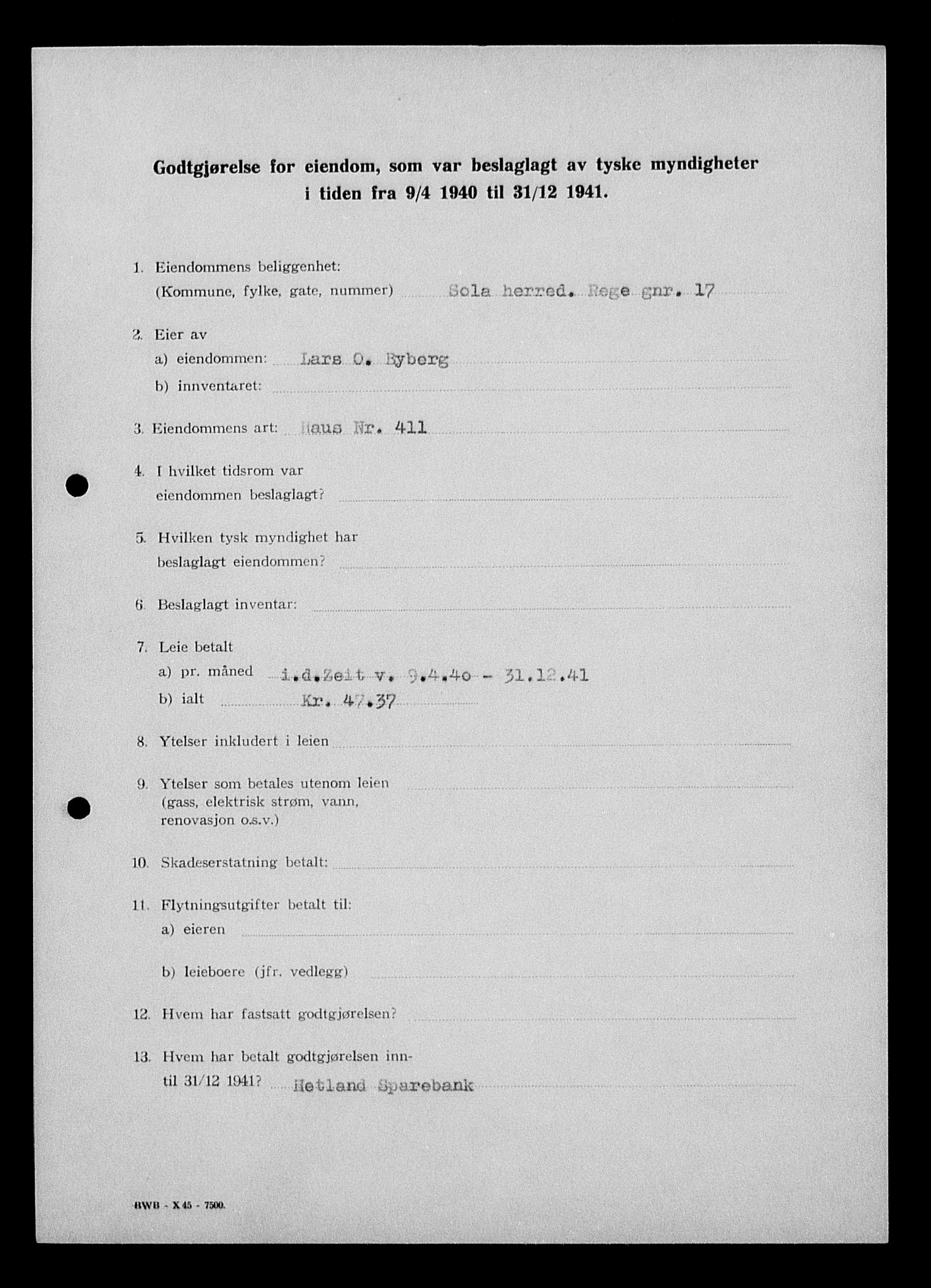 Justisdepartementet, Tilbakeføringskontoret for inndratte formuer, AV/RA-S-1564/I/L1014: Godtgjørelse for beslaglagt eiendom, 1940-1941, s. 211