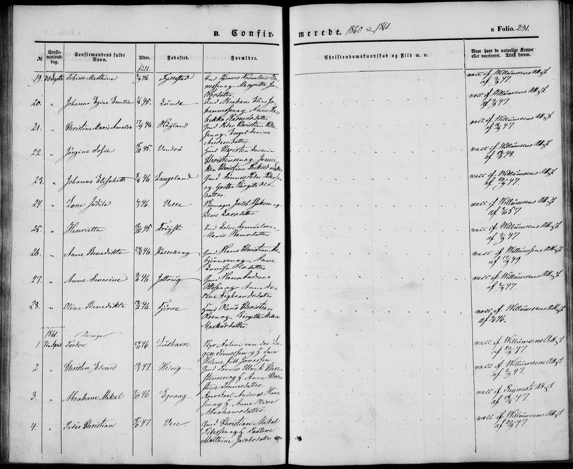 Lista sokneprestkontor, AV/SAK-1111-0027/F/Fb/L0002: Klokkerbok nr. B 2, 1847-1862, s. 231