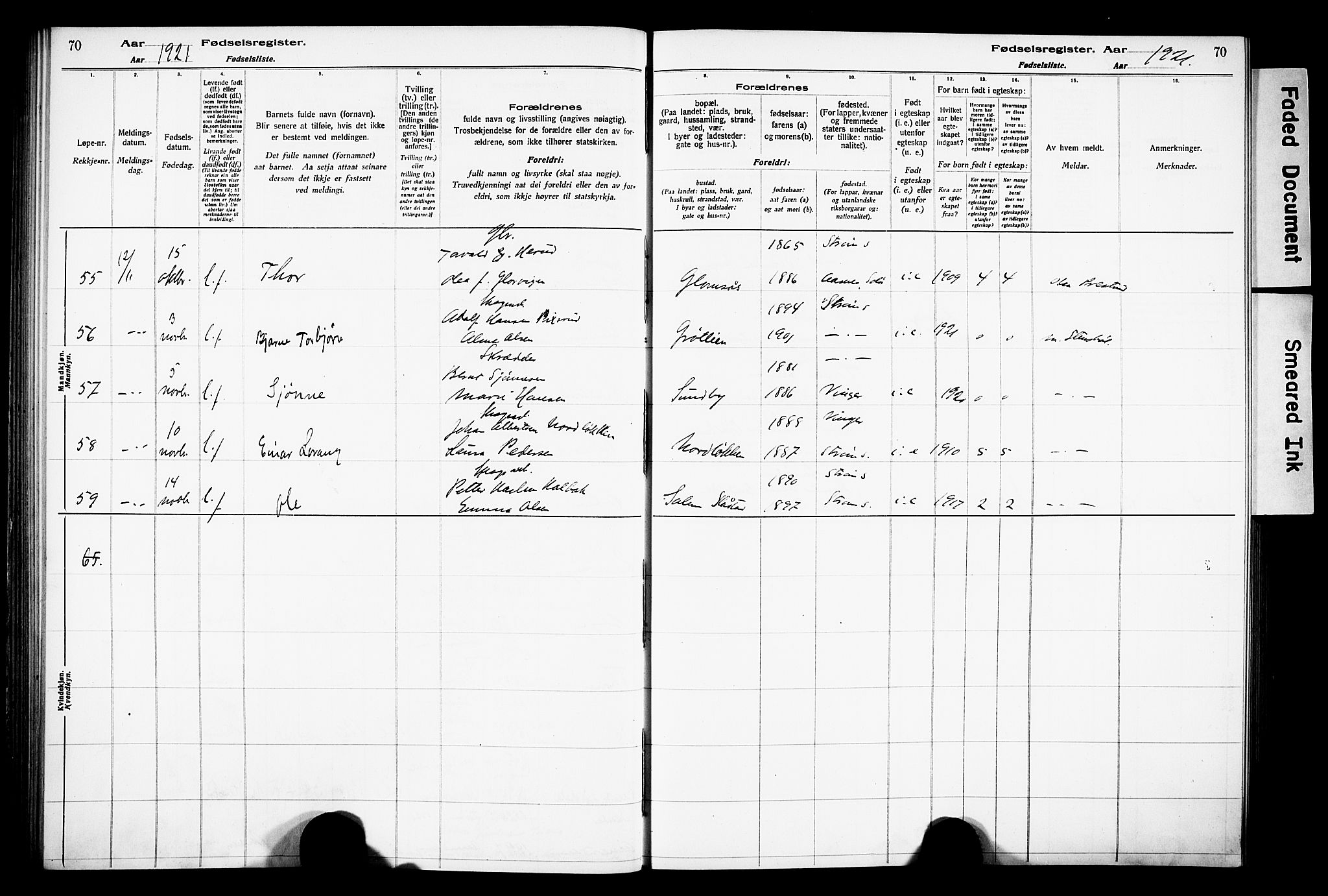 Sør-Odal prestekontor, AV/SAH-PREST-030/I/Id: Fødselsregister nr. 1, 1916-1931, s. 70
