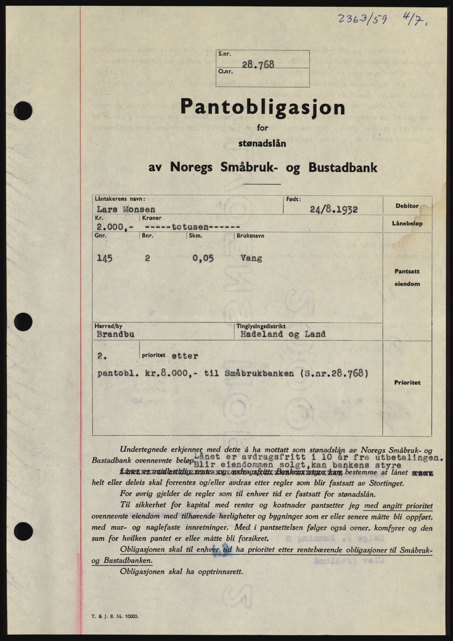 Hadeland og Land tingrett, SAH/TING-010/H/Hb/Hbc/L0040: Pantebok nr. B40, 1959-1959, Dagboknr: 2363/1959