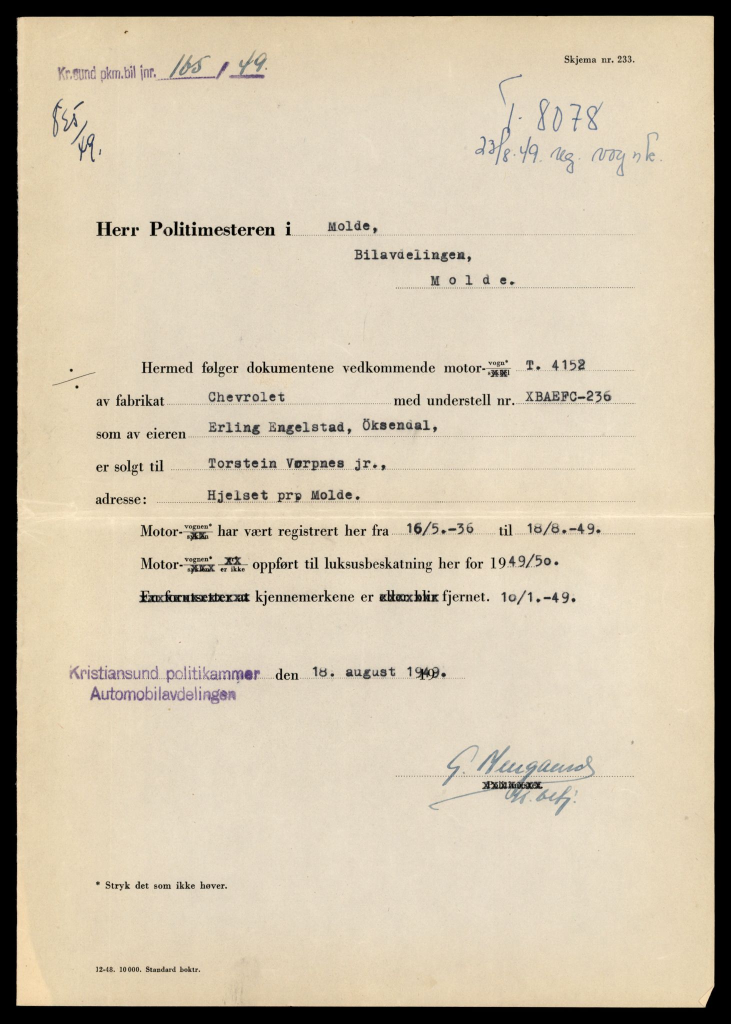 Møre og Romsdal vegkontor - Ålesund trafikkstasjon, SAT/A-4099/F/Fe/L0003: Registreringskort for kjøretøy T 232 - T 340, 1927-1998, s. 2938