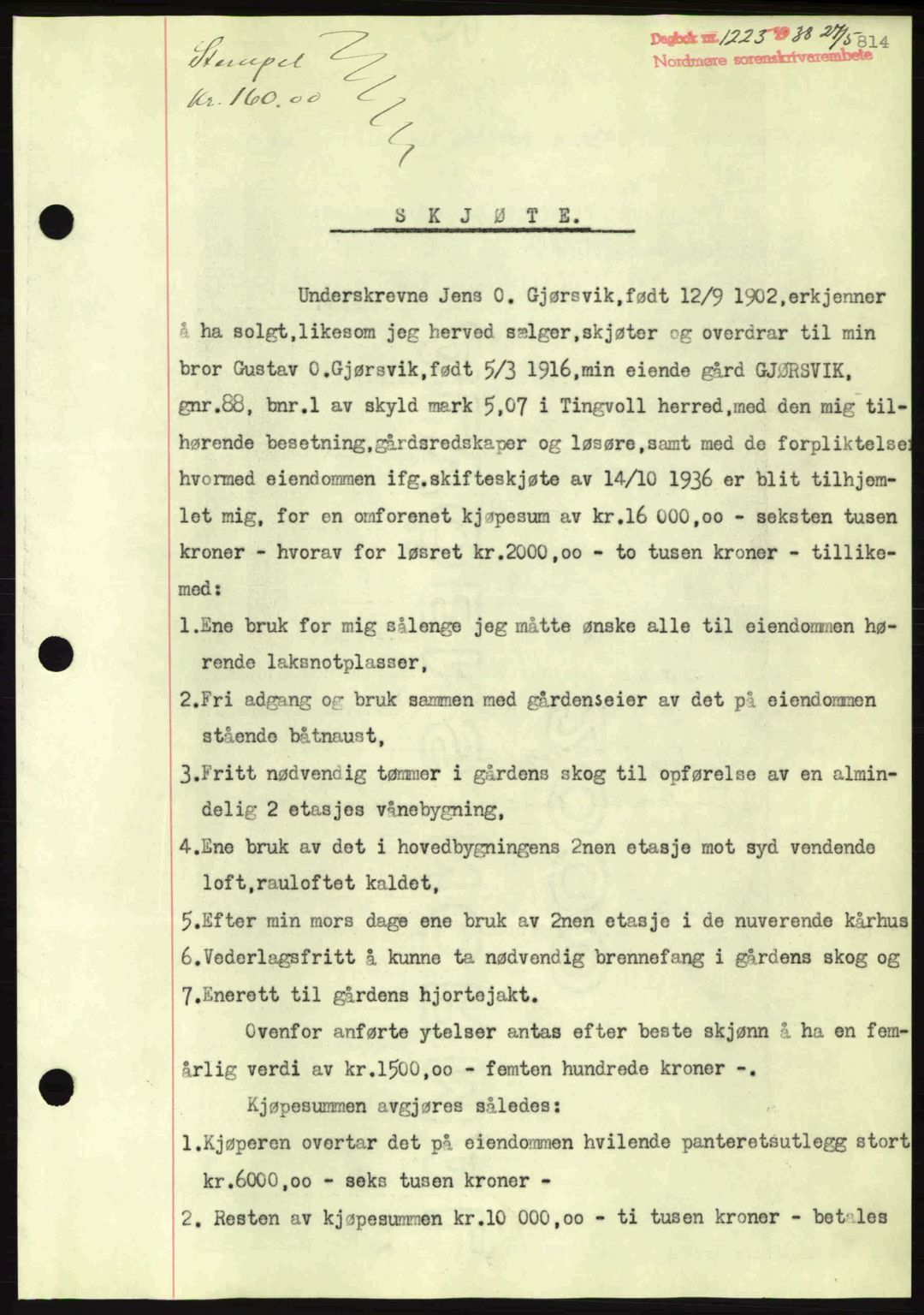 Nordmøre sorenskriveri, SAT/A-4132/1/2/2Ca: Pantebok nr. A83, 1938-1938, Dagboknr: 1225/1938