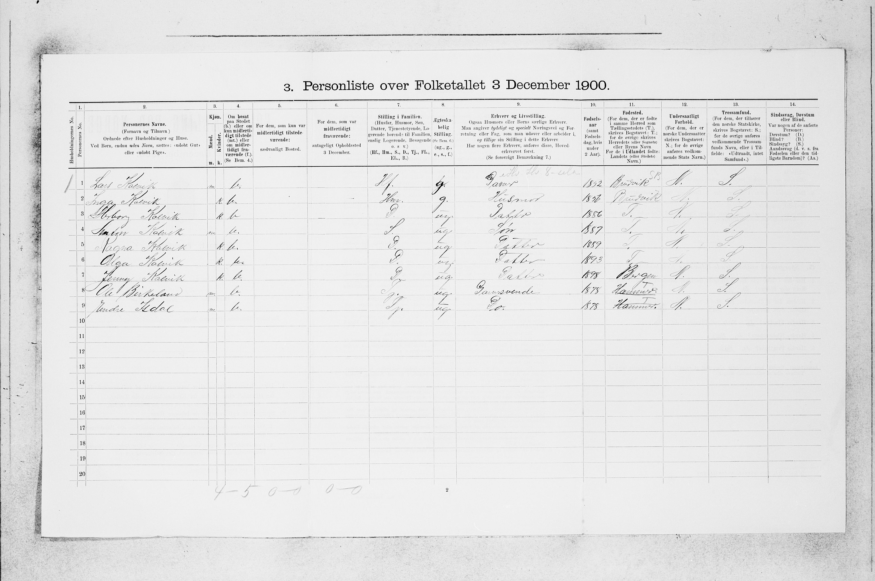 SAB, Folketelling 1900 for 1254 Hamre herred, 1900, s. 1326