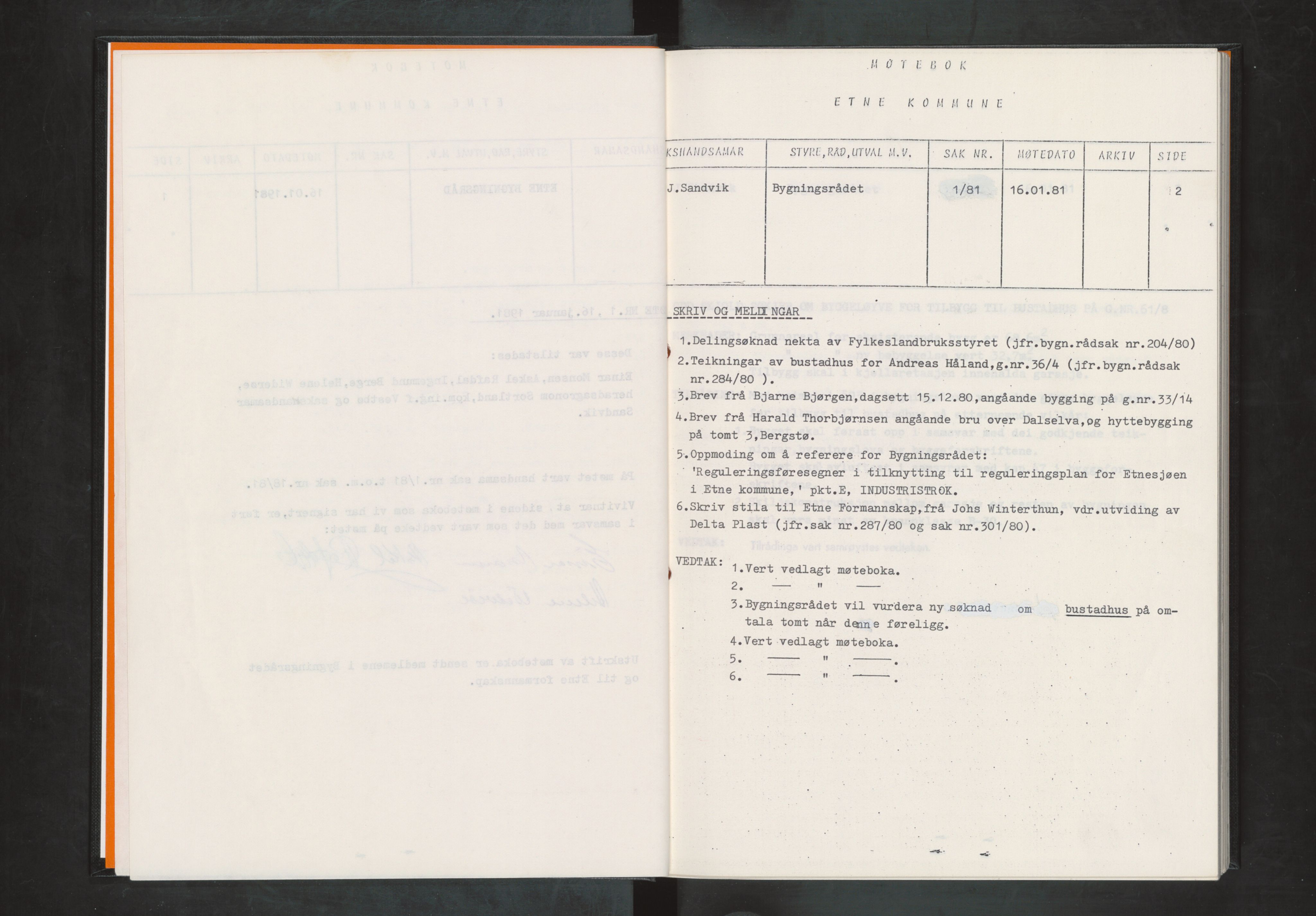 Etne kommune. Bygningsrådet, IKAH/1211-511/A/Aa/L0021: Møtebok Etne bygningsråd I, 1981