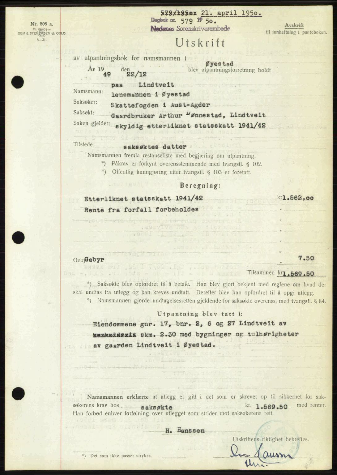 Nedenes sorenskriveri, AV/SAK-1221-0006/G/Gb/Gba/L0062: Pantebok nr. A14, 1949-1950, Dagboknr: 579/1950