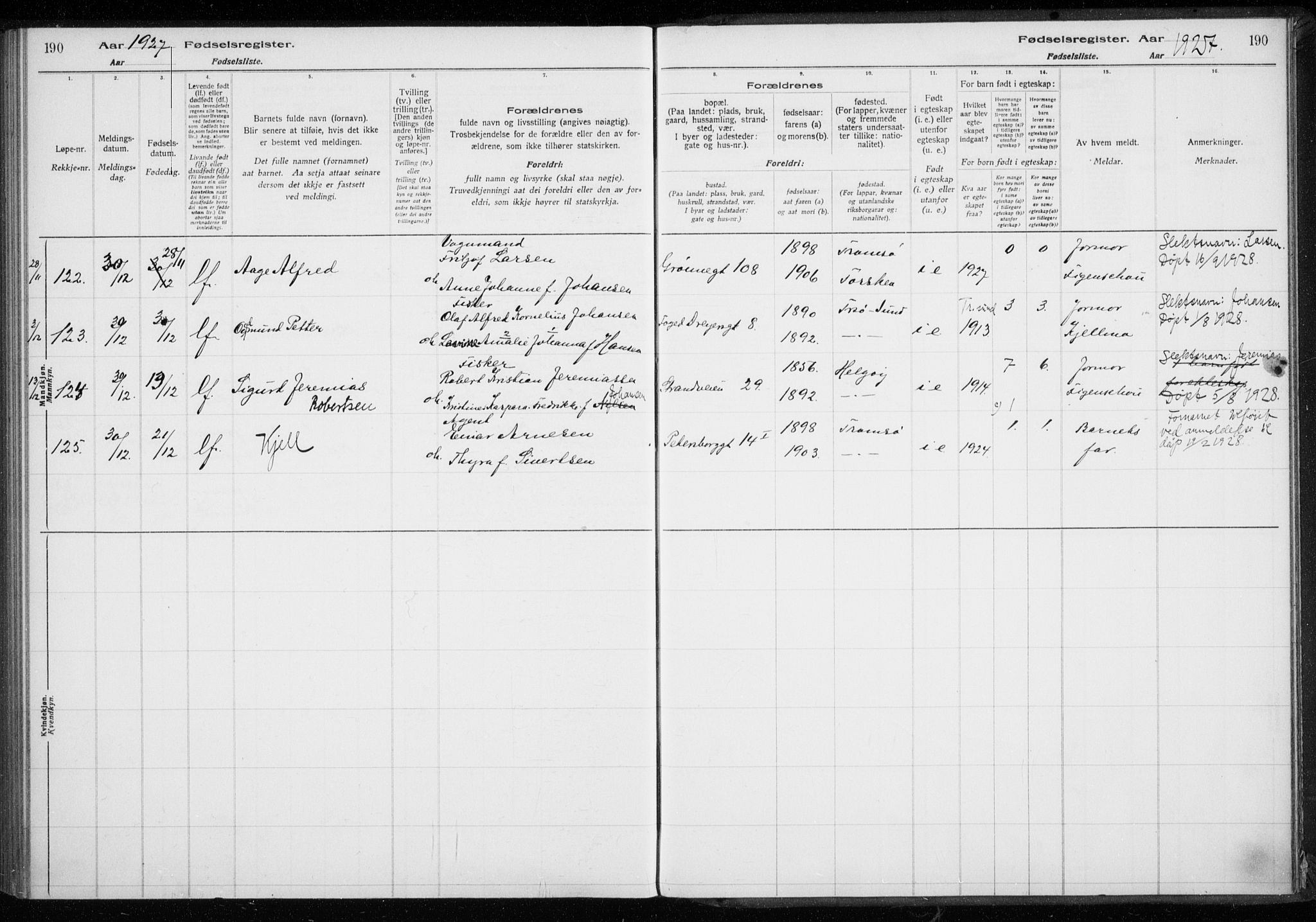 Tromsø sokneprestkontor/stiftsprosti/domprosti, AV/SATØ-S-1343/H/Ha/L0132: Fødselsregister nr. 132, 1921-1927, s. 190