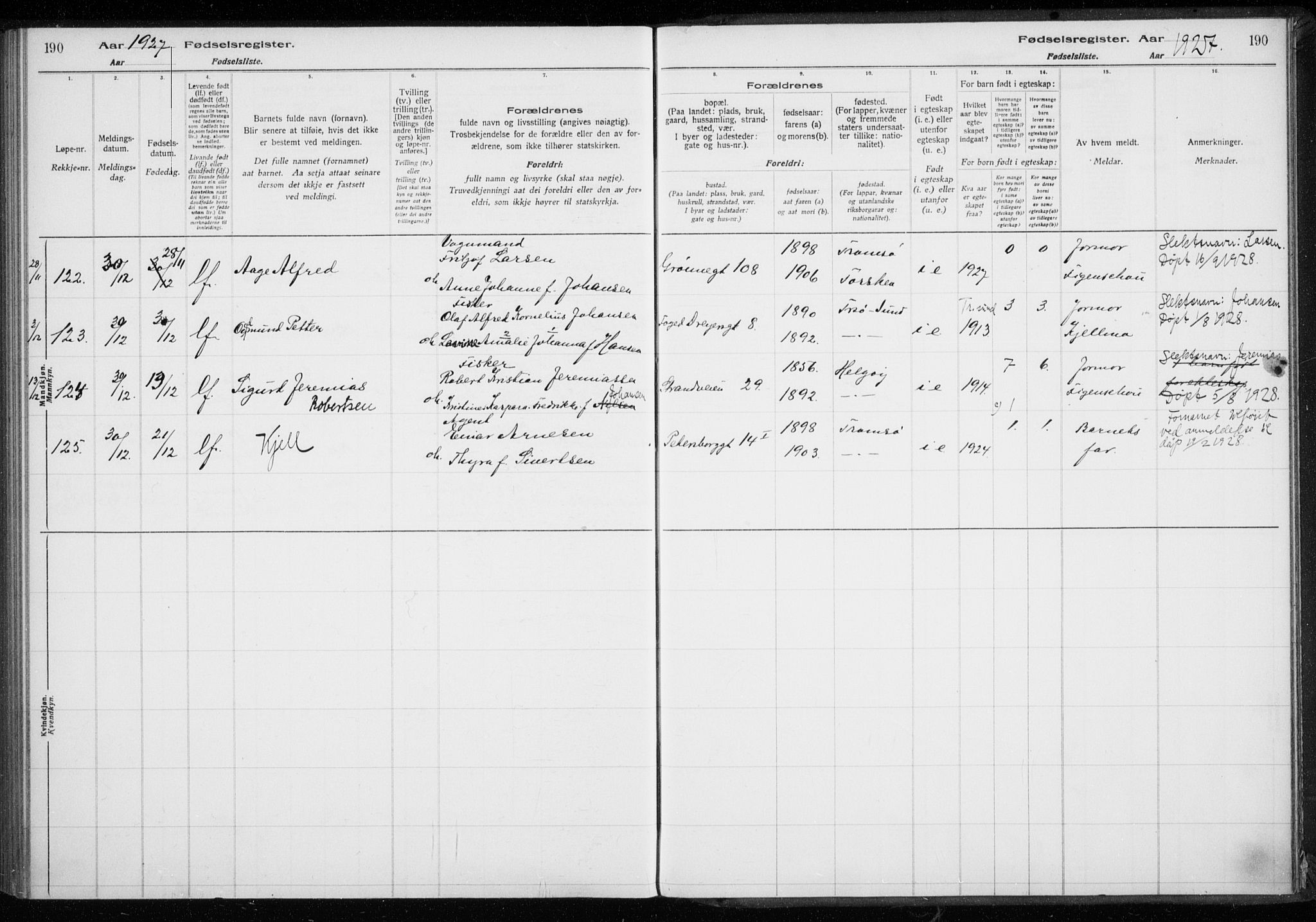 Tromsø sokneprestkontor/stiftsprosti/domprosti, SATØ/S-1343/H/Ha/L0132: Fødselsregister nr. 132, 1921-1927, s. 190