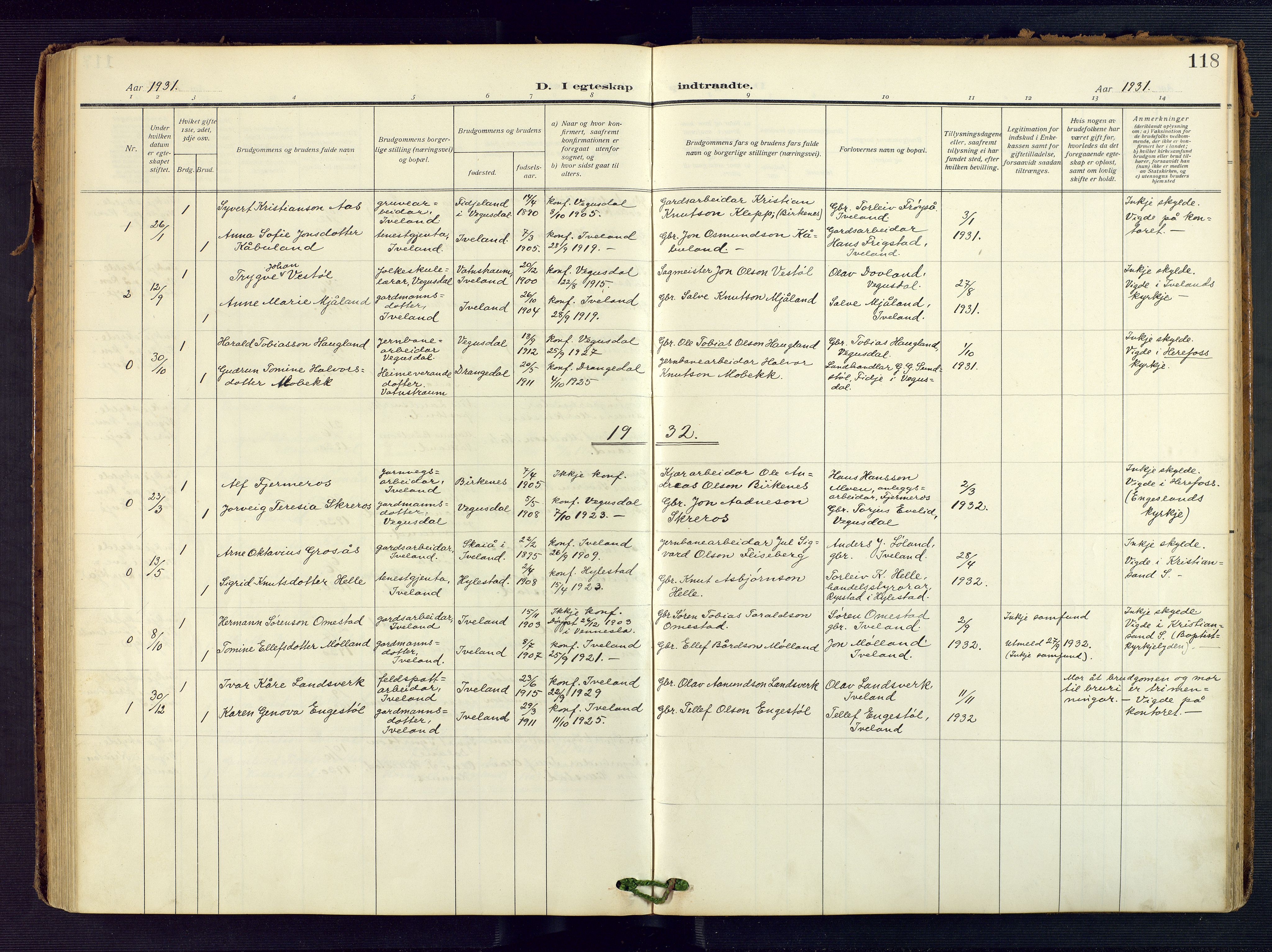 Evje sokneprestkontor, SAK/1111-0008/F/Fa/Fac/L0004: Ministerialbok nr. A 4, 1910-1932, s. 118