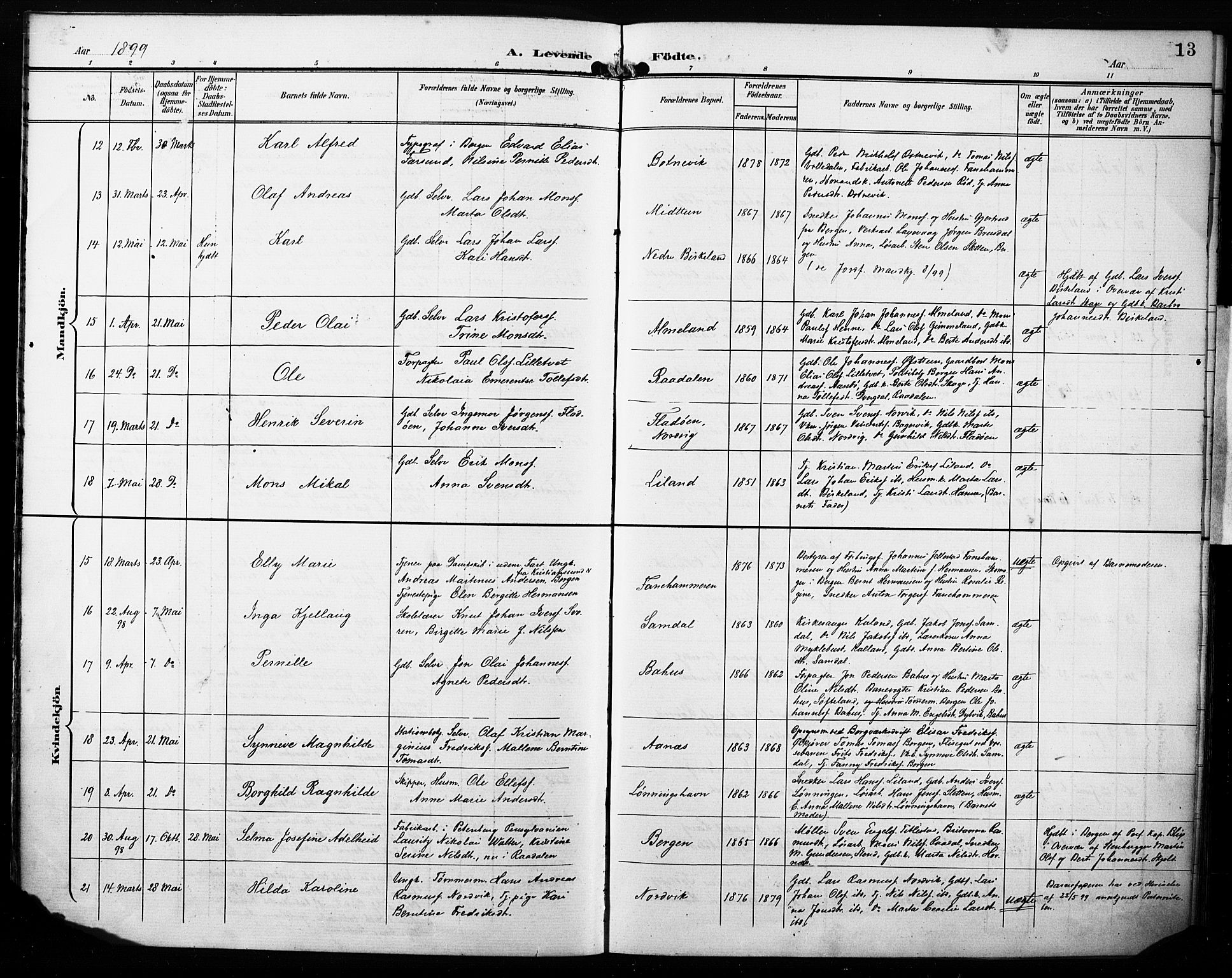 Fana Sokneprestembete, AV/SAB-A-75101/H/Haa/Haab/L0003: Ministerialbok nr. B 3, 1898-1907, s. 13
