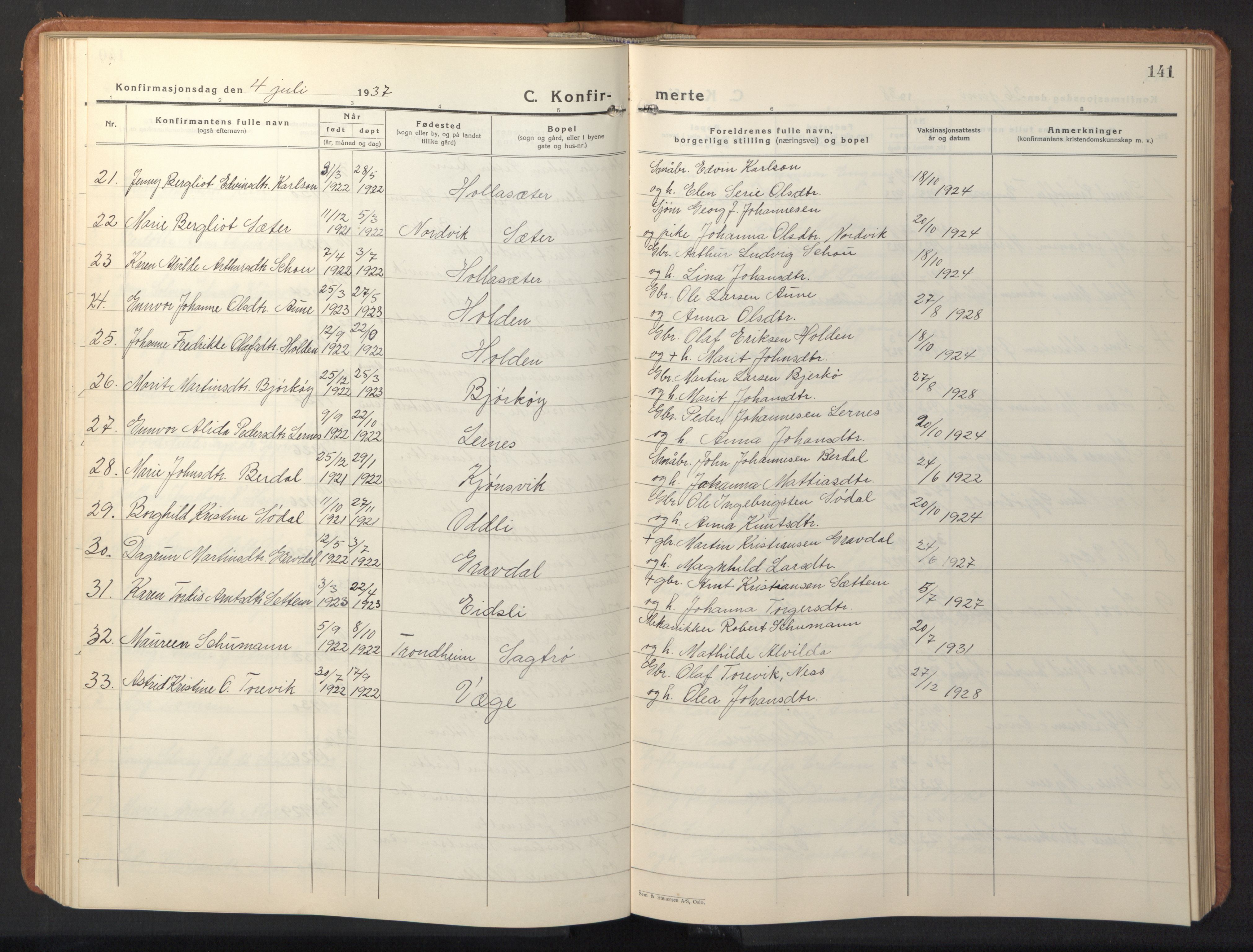 Ministerialprotokoller, klokkerbøker og fødselsregistre - Sør-Trøndelag, SAT/A-1456/630/L0508: Klokkerbok nr. 630C06, 1933-1950, s. 141