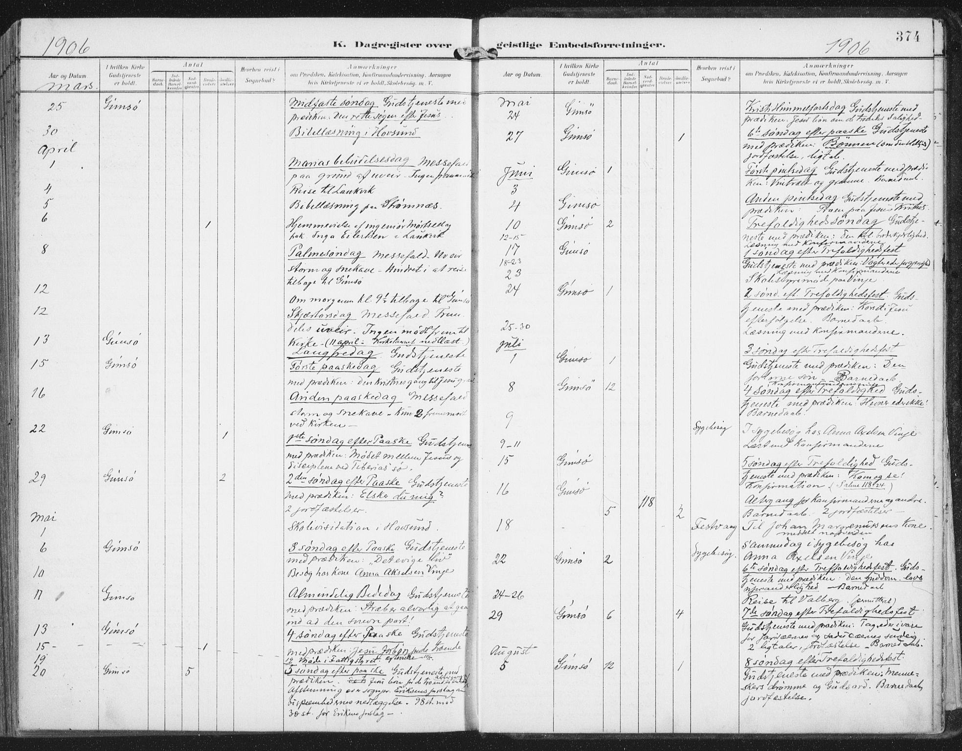 Ministerialprotokoller, klokkerbøker og fødselsregistre - Nordland, AV/SAT-A-1459/876/L1098: Ministerialbok nr. 876A04, 1896-1915, s. 374