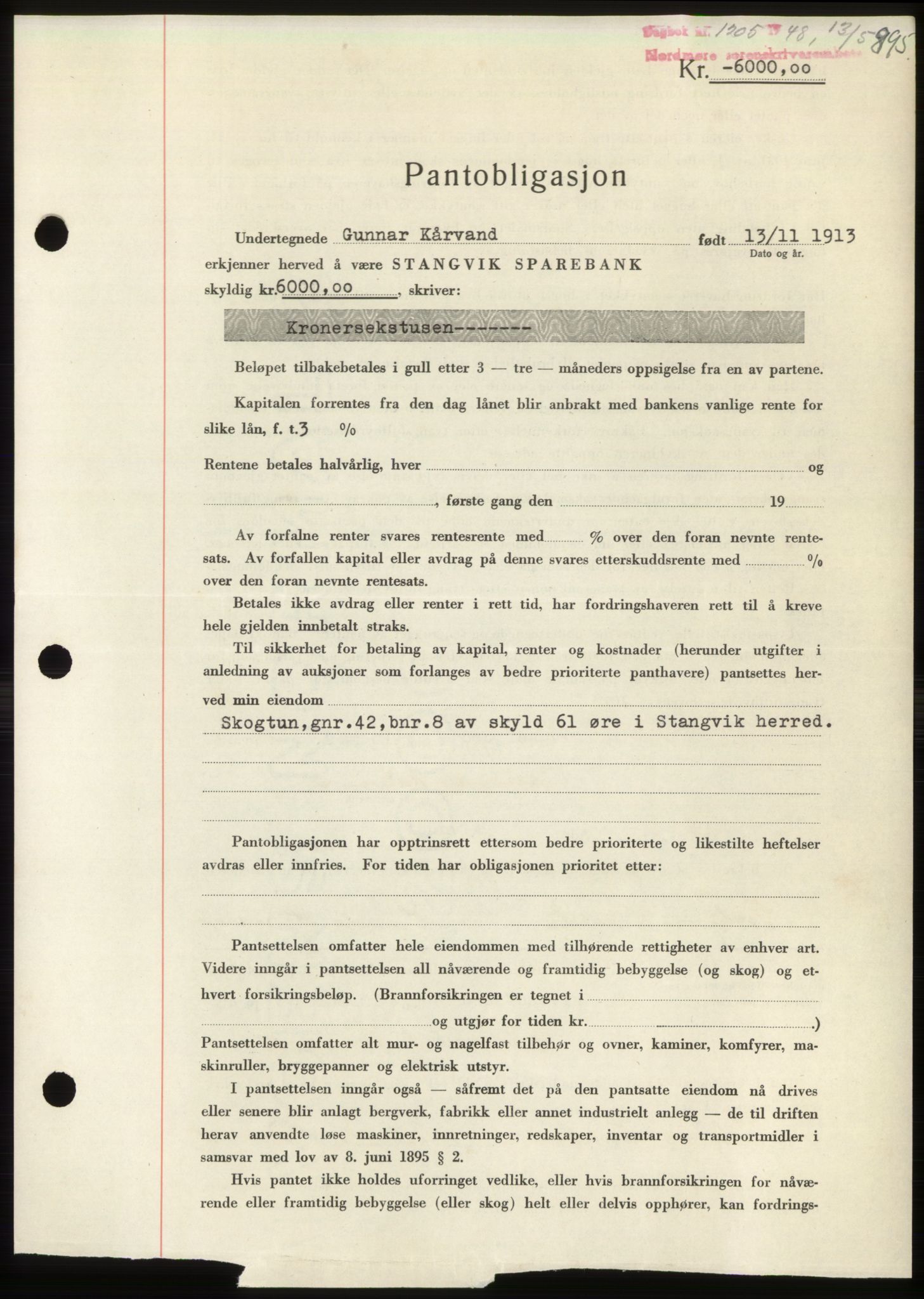 Nordmøre sorenskriveri, SAT/A-4132/1/2/2Ca: Pantebok nr. B98, 1948-1948, Dagboknr: 1205/1948