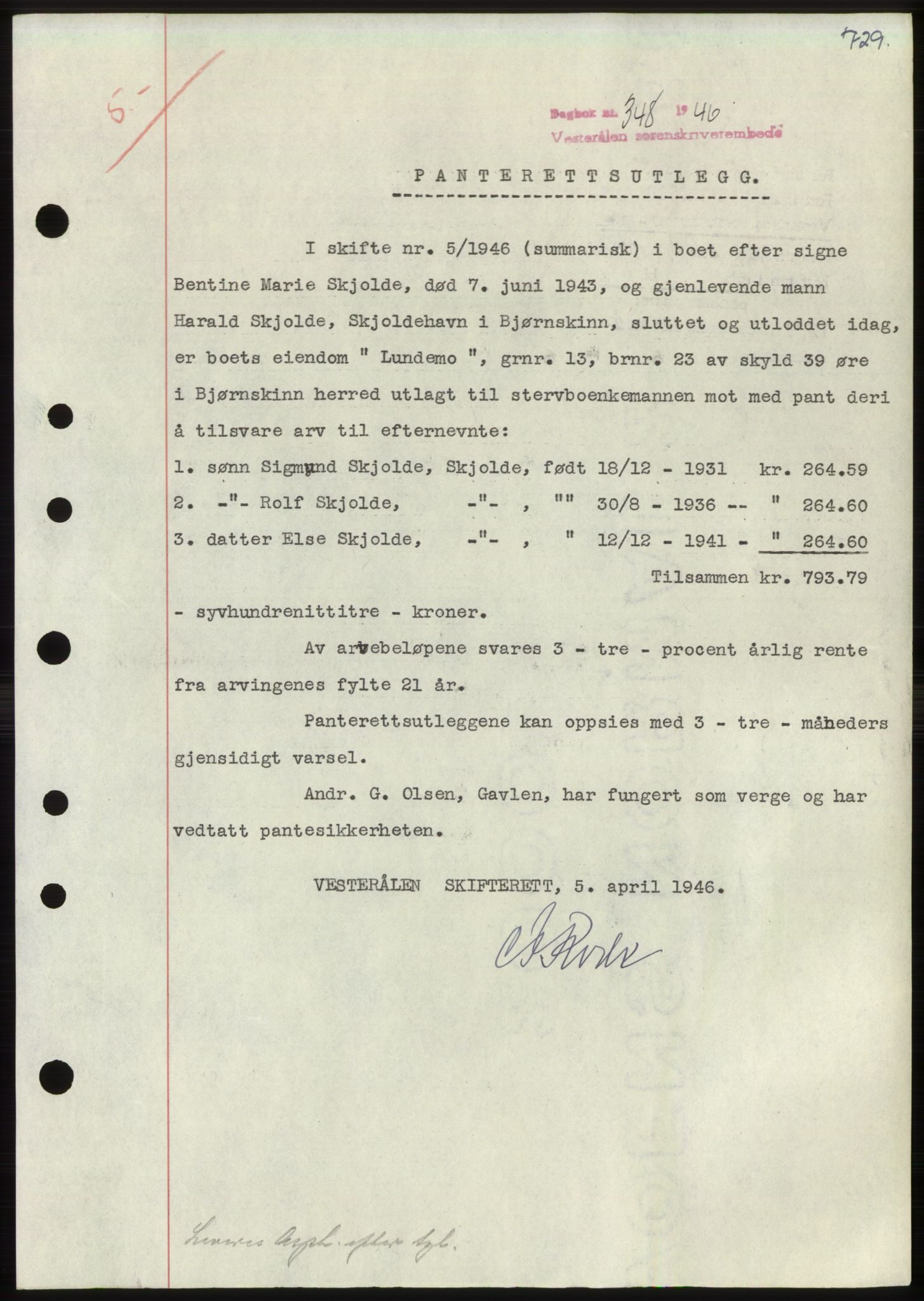 Vesterålen sorenskriveri, AV/SAT-A-4180/1/2/2Ca: Pantebok nr. B11-14, 1941-1946, Dagboknr: 348/1946