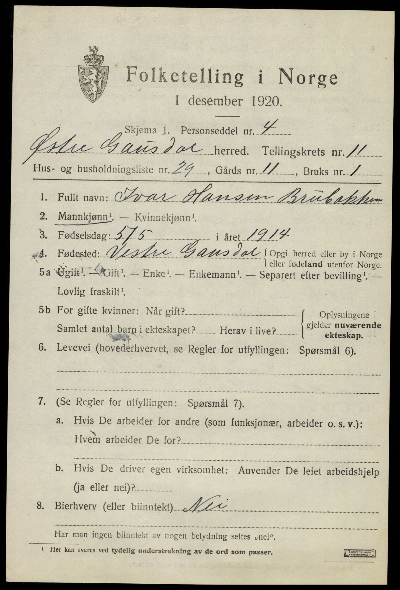 SAH, Folketelling 1920 for 0522 Østre Gausdal herred, 1920, s. 6148