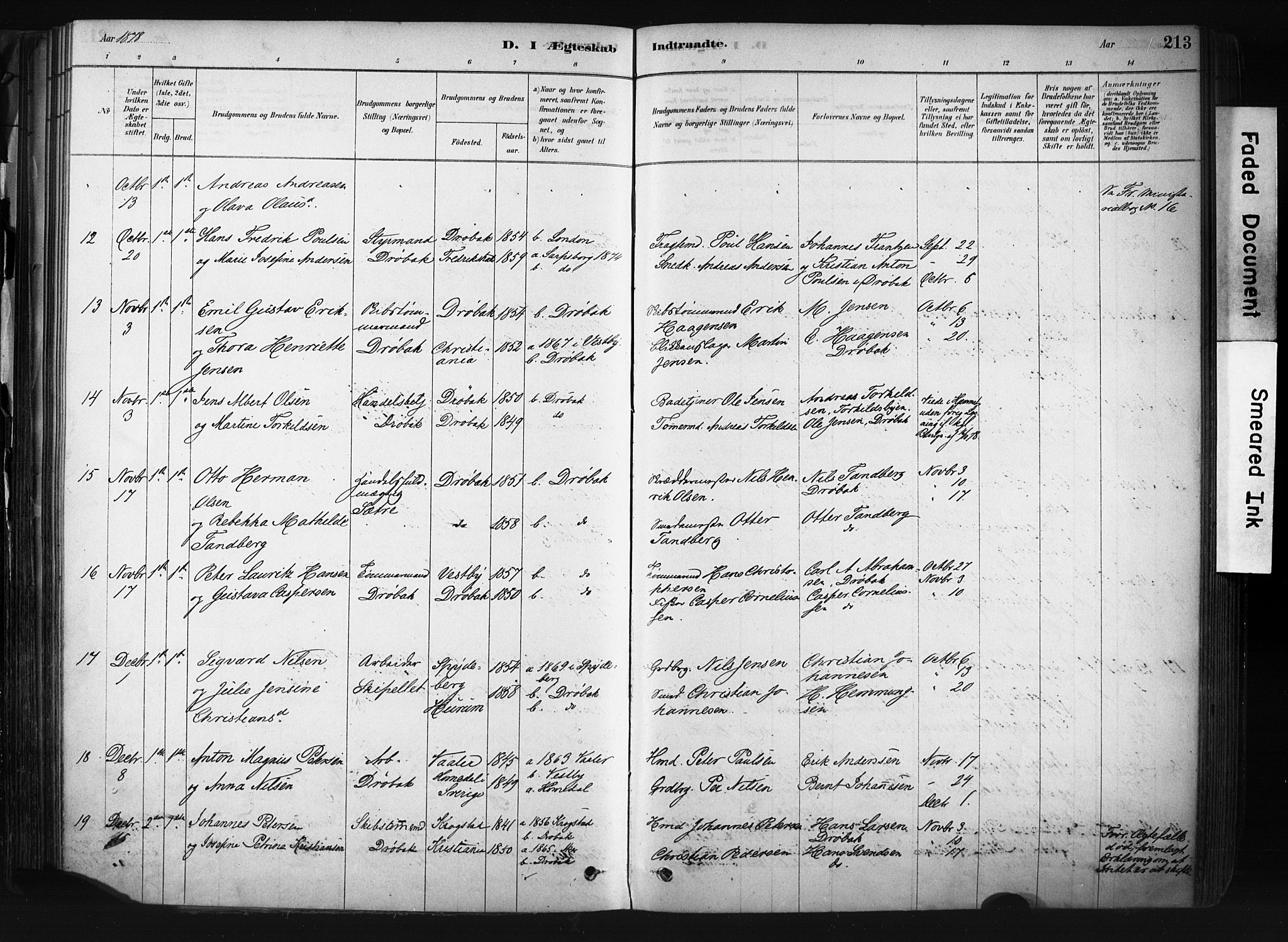 Drøbak prestekontor Kirkebøker, AV/SAO-A-10142a/F/Fb/L0001: Ministerialbok nr. II 1, 1878-1891, s. 213