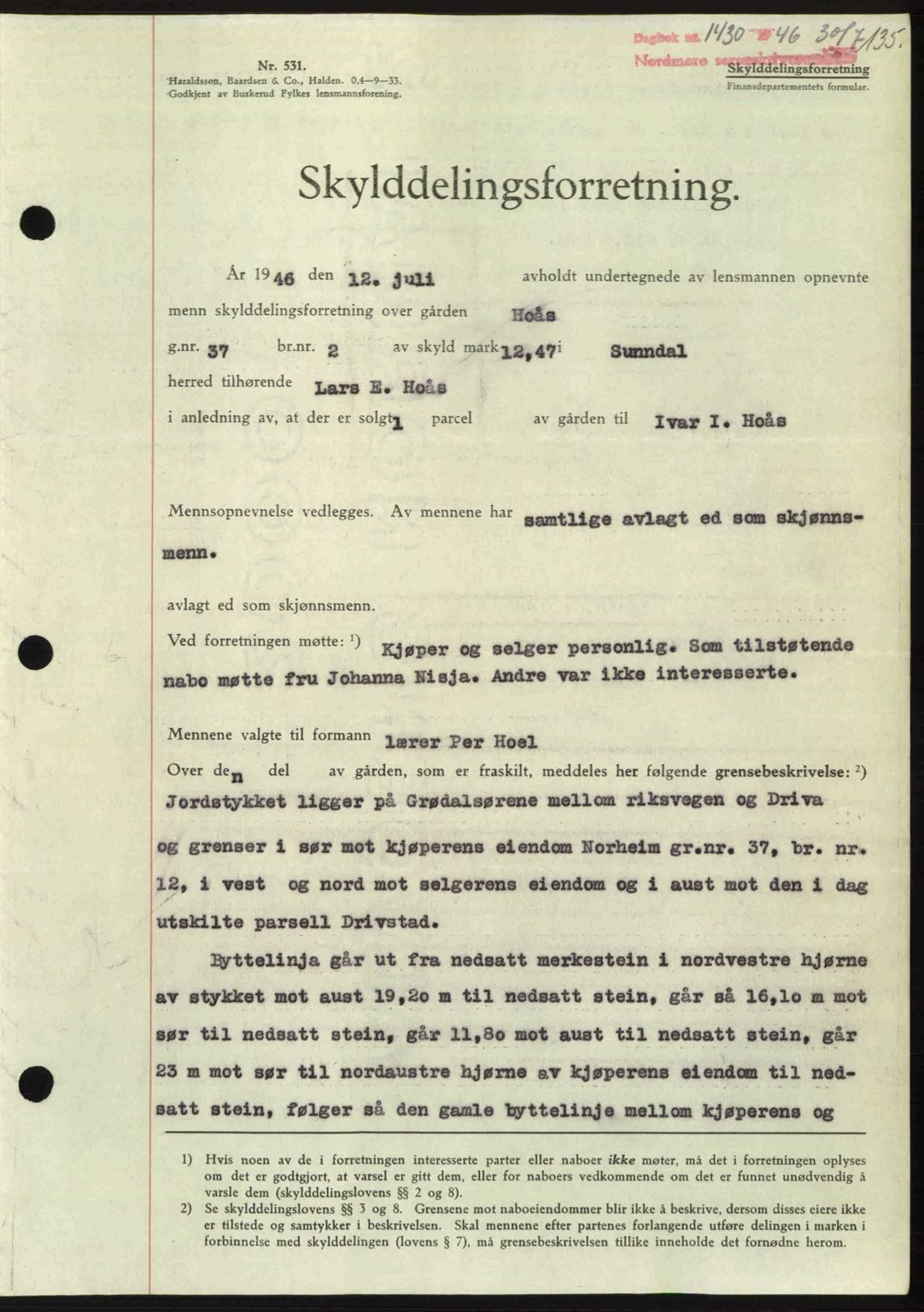 Nordmøre sorenskriveri, SAT/A-4132/1/2/2Ca: Pantebok nr. A102, 1946-1946, Dagboknr: 1430/1946