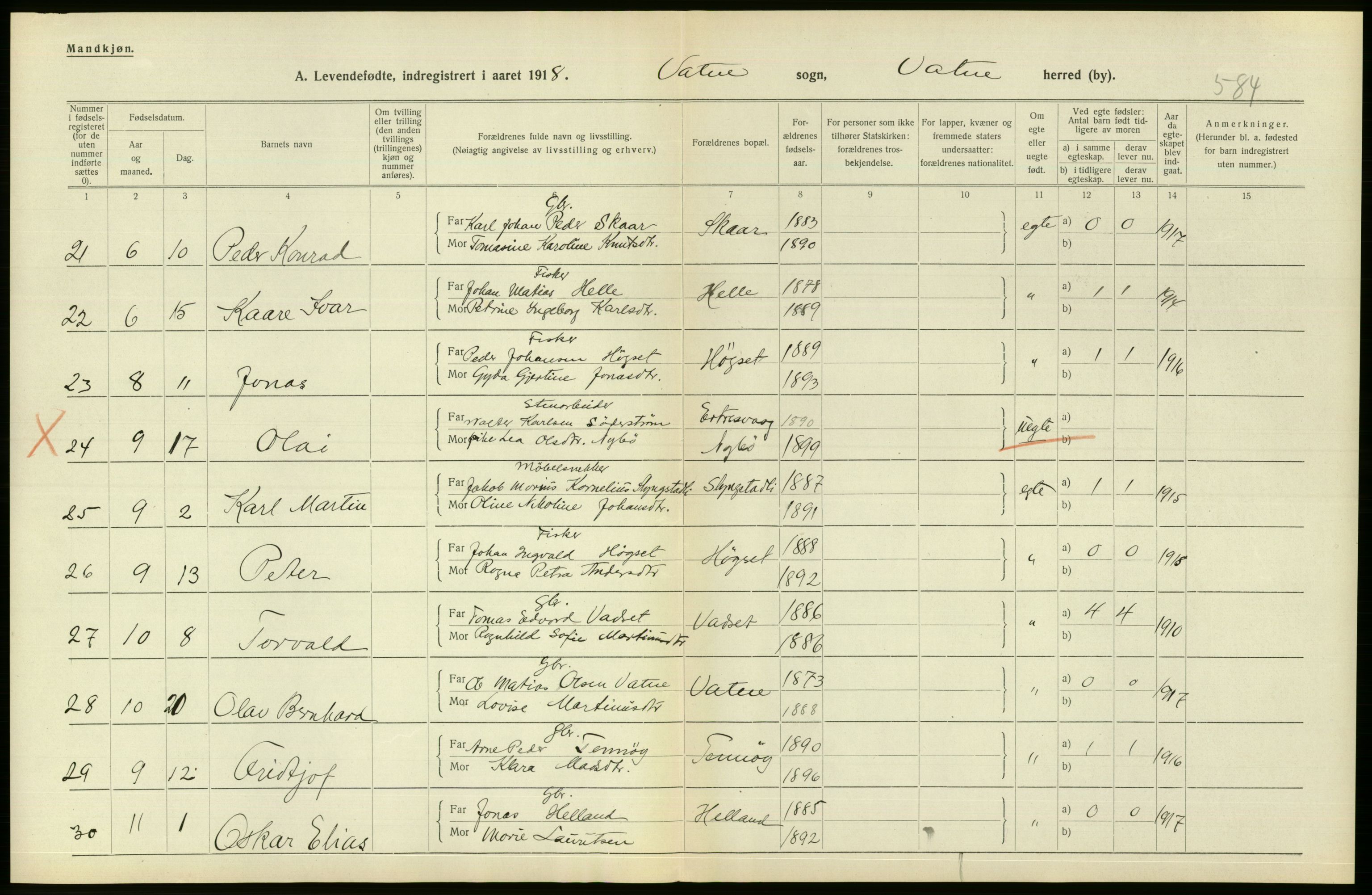 Statistisk sentralbyrå, Sosiodemografiske emner, Befolkning, RA/S-2228/D/Df/Dfb/Dfbh/L0043: Møre fylke: Levendefødte menn og kvinner. Bygder., 1918, s. 158