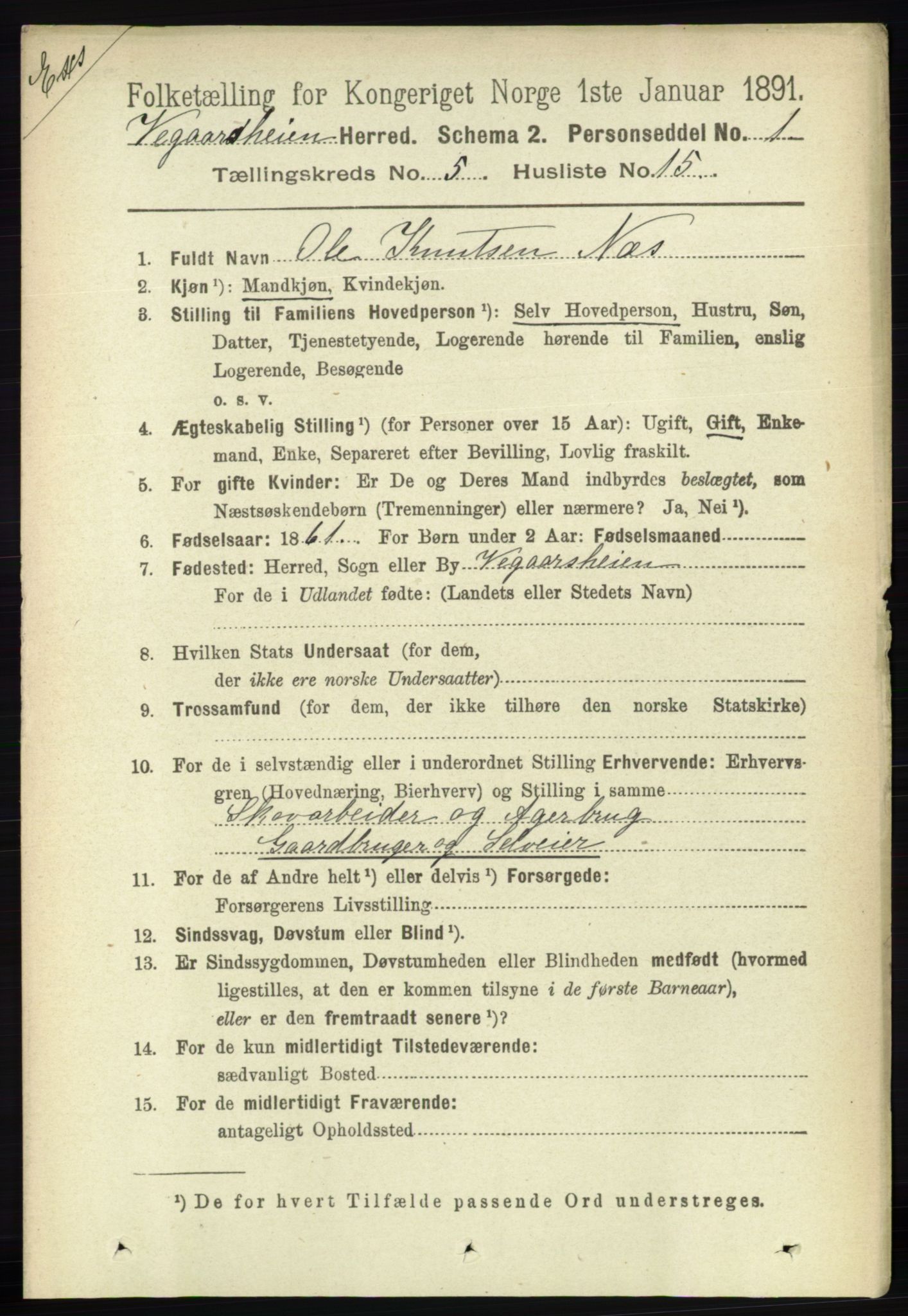 RA, Folketelling 1891 for Nedenes amt: Gjenparter av personsedler for beslektede ektefeller, menn, 1891, s. 14