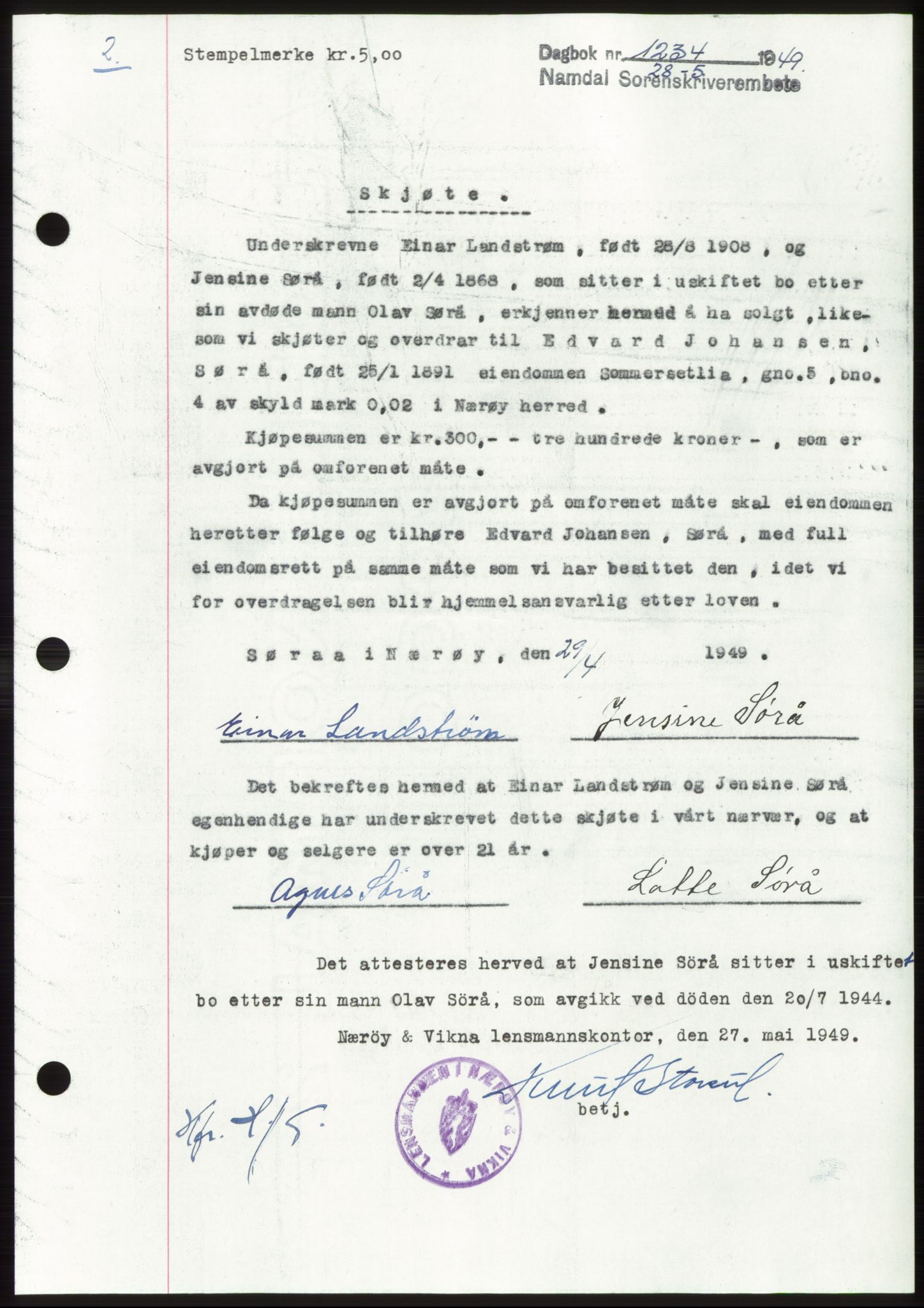 Namdal sorenskriveri, SAT/A-4133/1/2/2C: Pantebok nr. -, 1949-1949, Dagboknr: 1234/1949