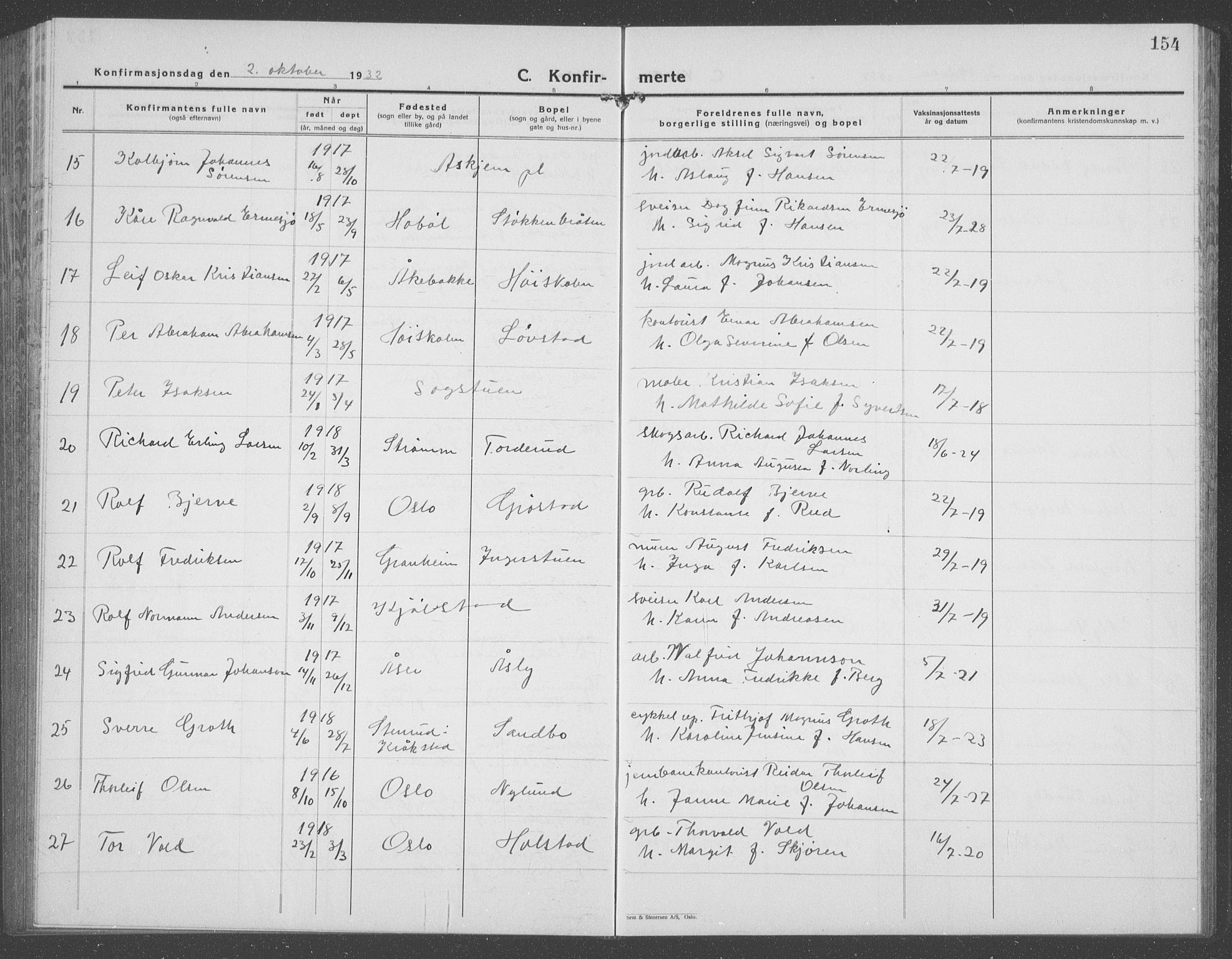 Ås prestekontor Kirkebøker, AV/SAO-A-10894/G/Ga/L0006: Klokkerbok nr. I 6, 1925-1940, s. 154