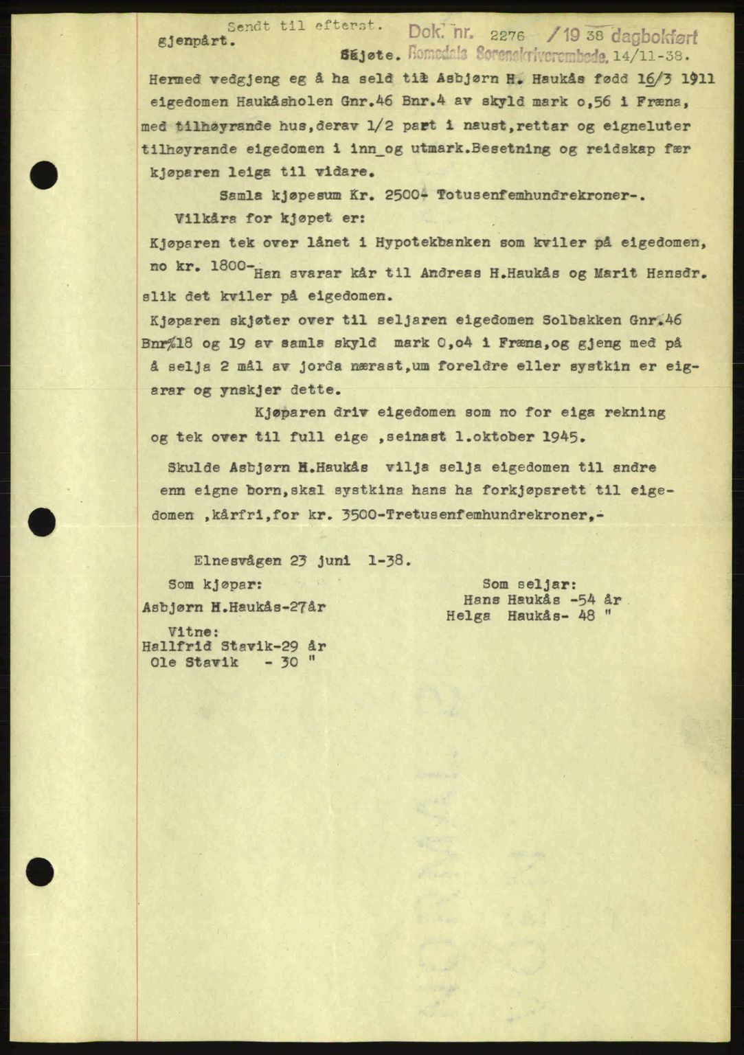Romsdal sorenskriveri, SAT/A-4149/1/2/2C: Pantebok nr. A5, 1938-1938, Dagboknr: 2276/1938