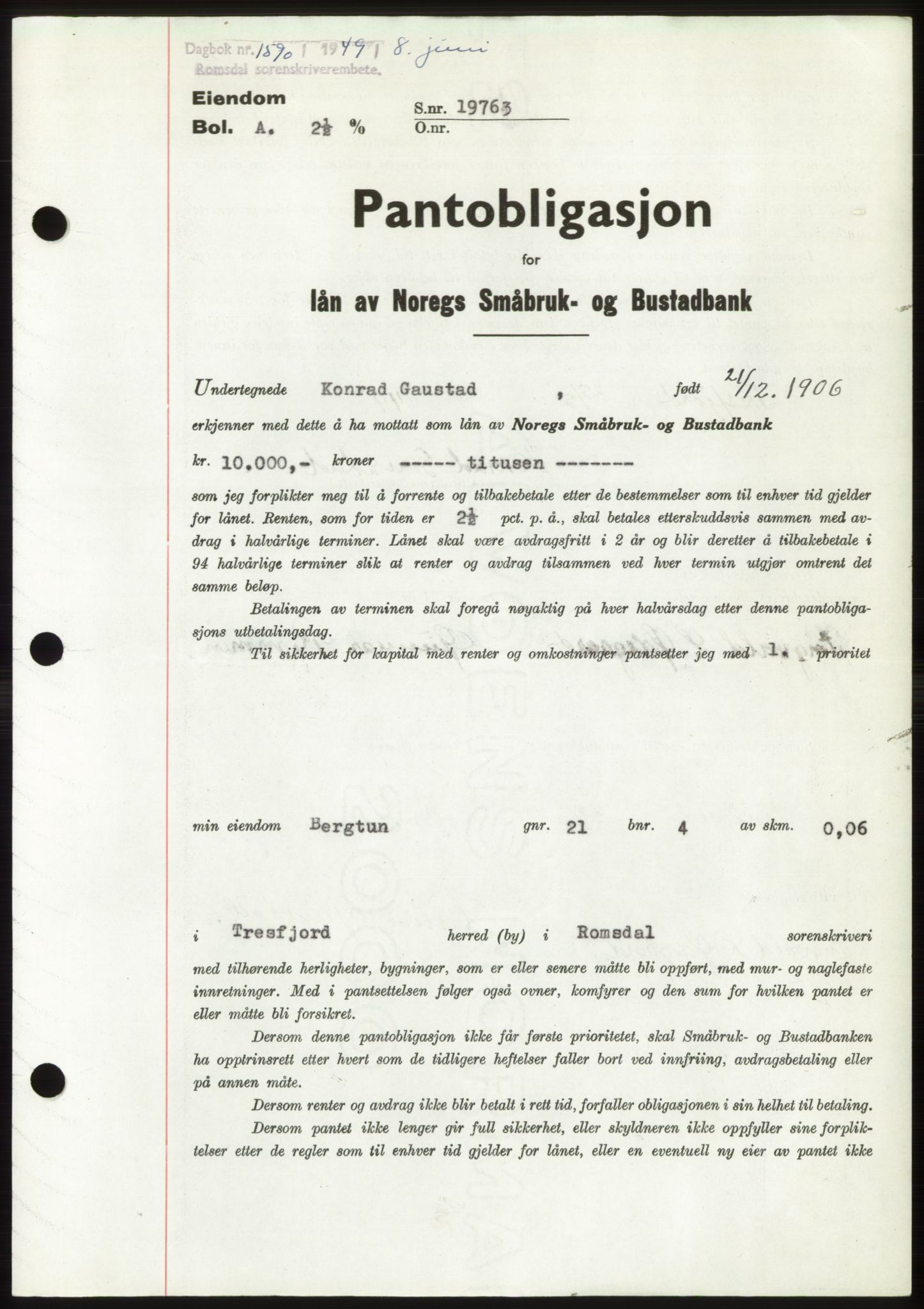 Romsdal sorenskriveri, SAT/A-4149/1/2/2C: Pantebok nr. B4, 1948-1949, Dagboknr: 1590/1949