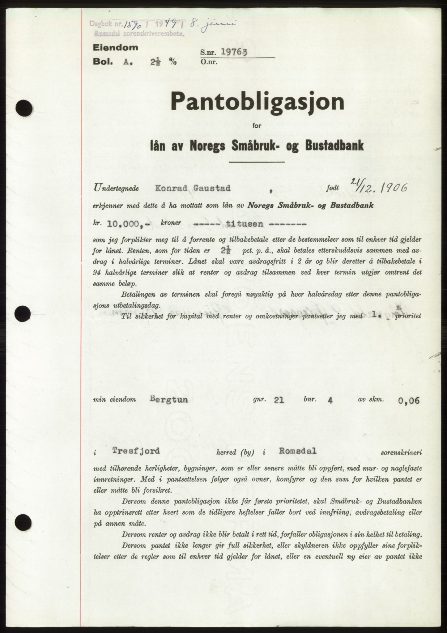 Romsdal sorenskriveri, AV/SAT-A-4149/1/2/2C: Pantebok nr. B4, 1948-1949, Dagboknr: 1590/1949