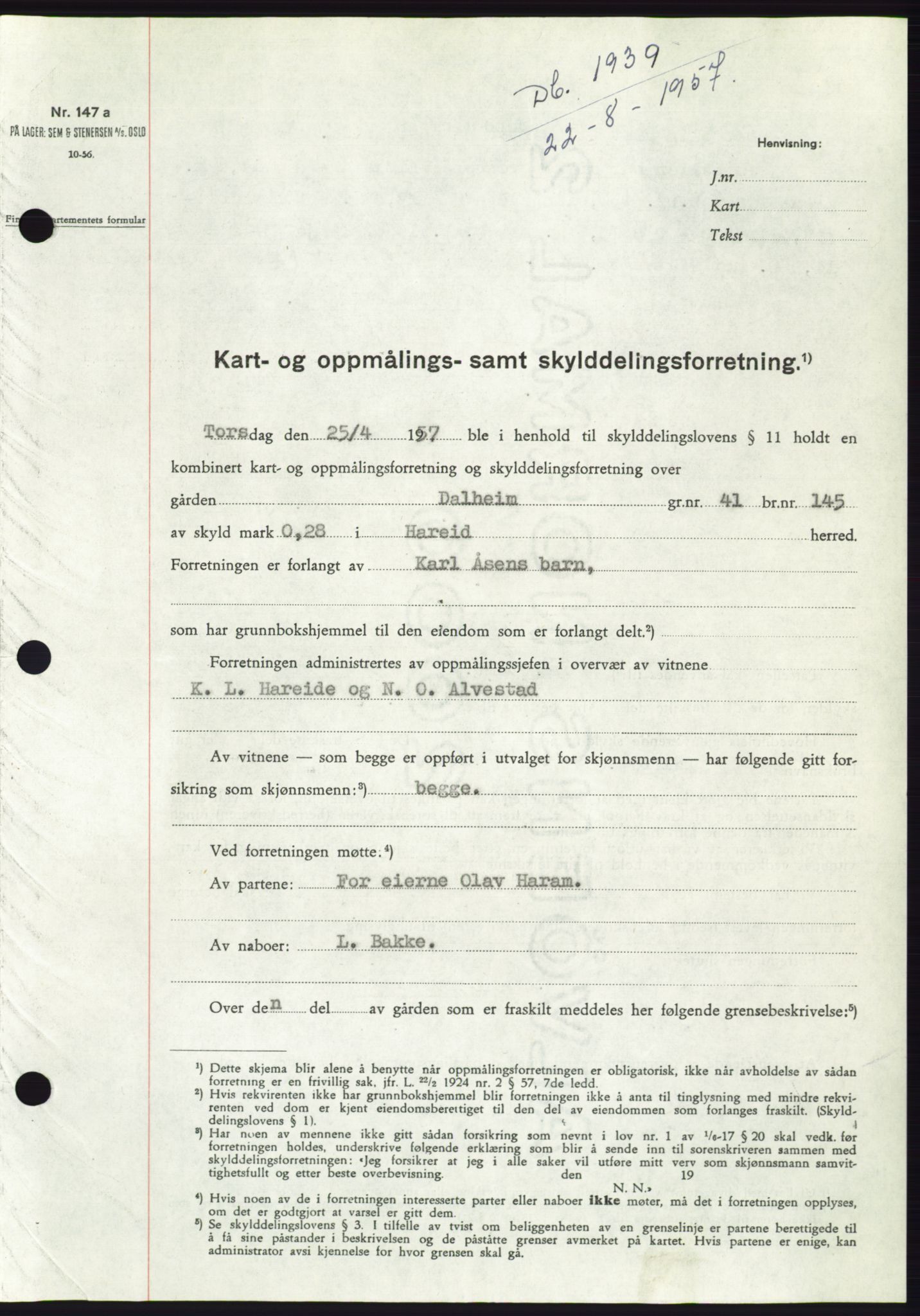 Søre Sunnmøre sorenskriveri, SAT/A-4122/1/2/2C/L0107: Pantebok nr. 33A, 1957-1957, Dagboknr: 1939/1957