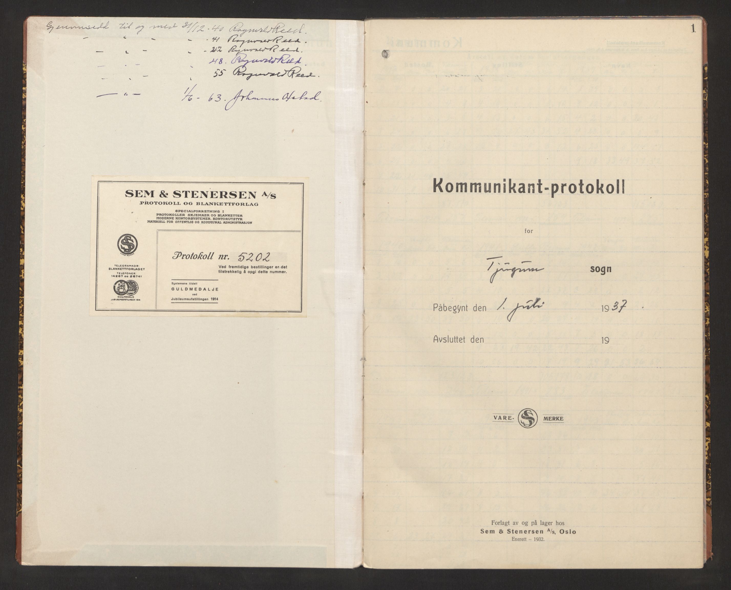 Balestrand sokneprestembete, AV/SAB-A-79601/H/Hb/Hba/L0004: Kommunikantprotokoll nr. A 4, 1937-1964, s. 1