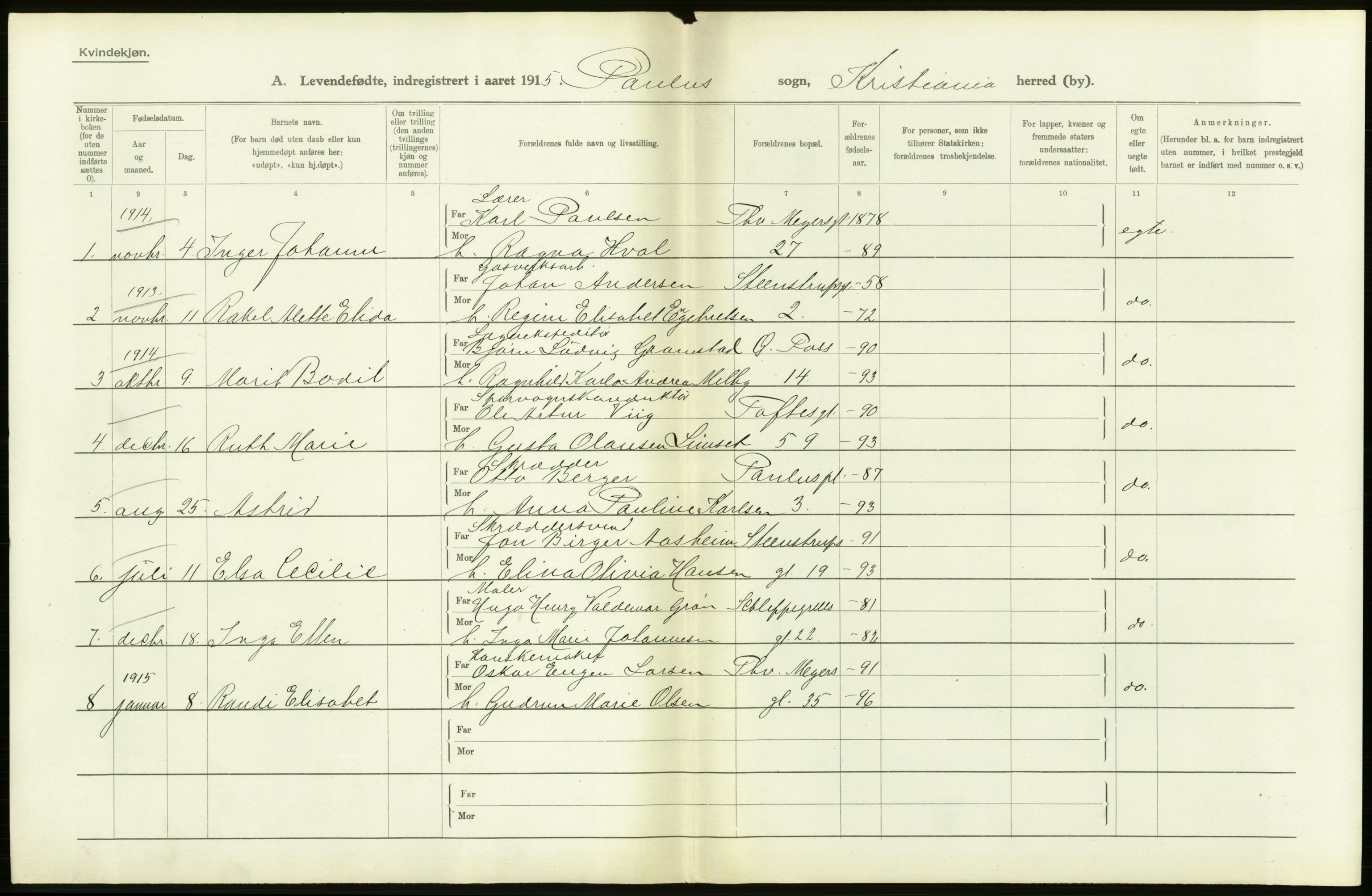 Statistisk sentralbyrå, Sosiodemografiske emner, Befolkning, AV/RA-S-2228/D/Df/Dfb/Dfbe/L0006: Kristiania: Levendefødte menn og kvinner., 1915, s. 242