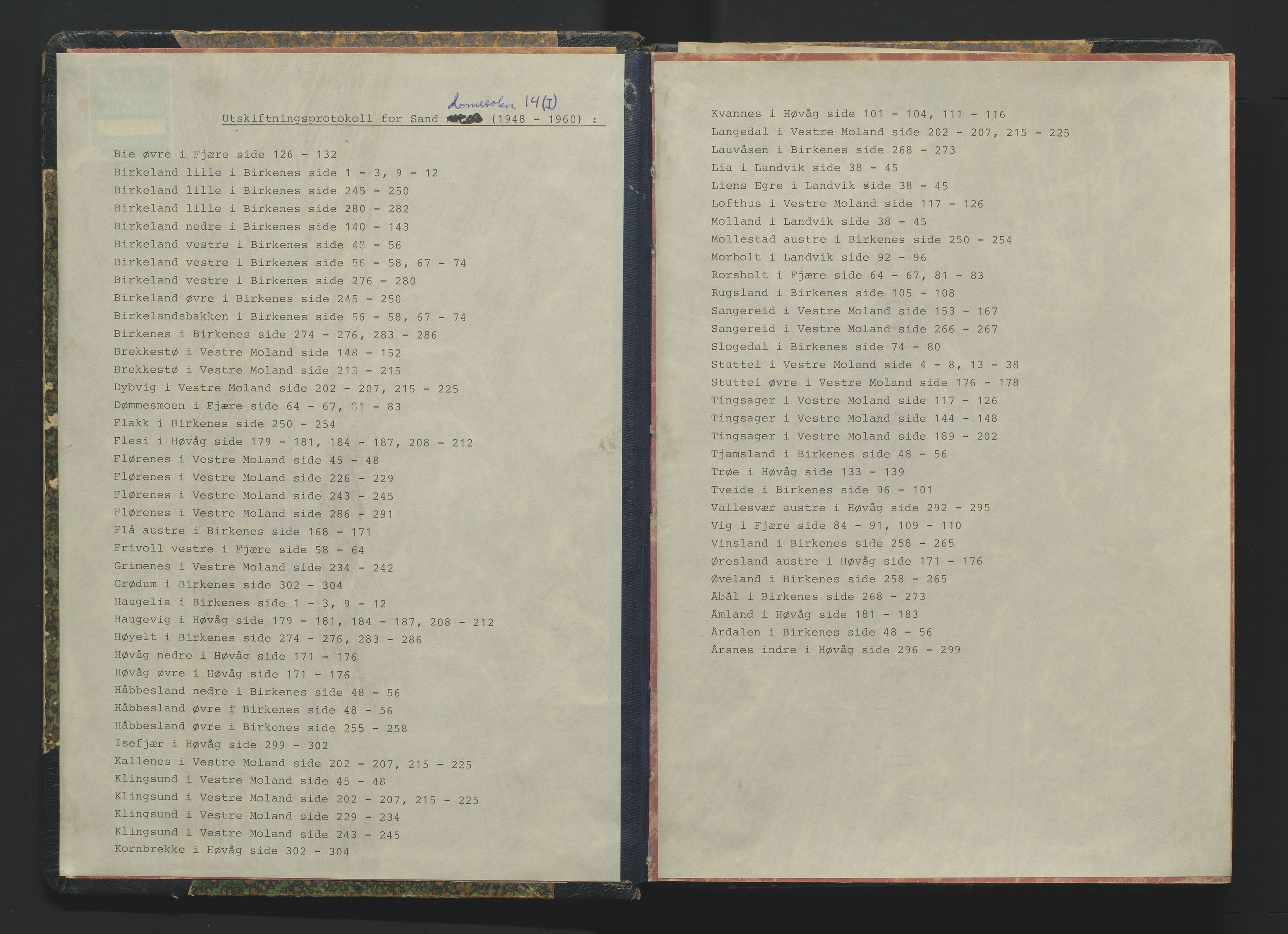 Utskiftningsformannen i Nedenes amt, SAK/1541-0002/F/Fa/Fac/L0013: Jordskifteprotokoll med register, Sand domssokn nr 14 (I), 1948-1960