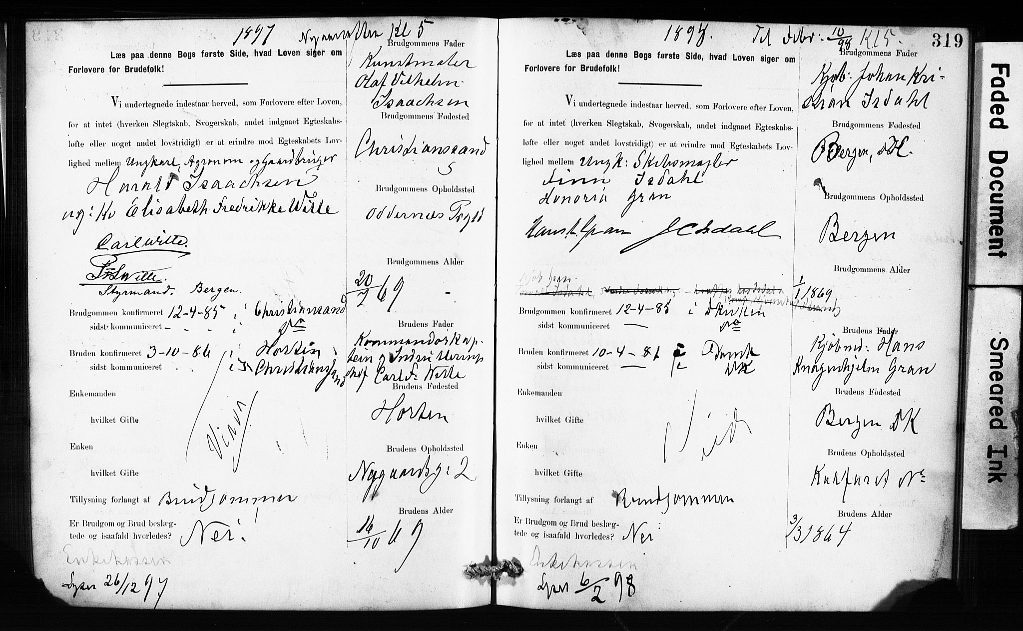 Domkirken sokneprestembete, SAB/A-74801: Forlovererklæringer nr. II.5.10, 1890-1899, s. 319