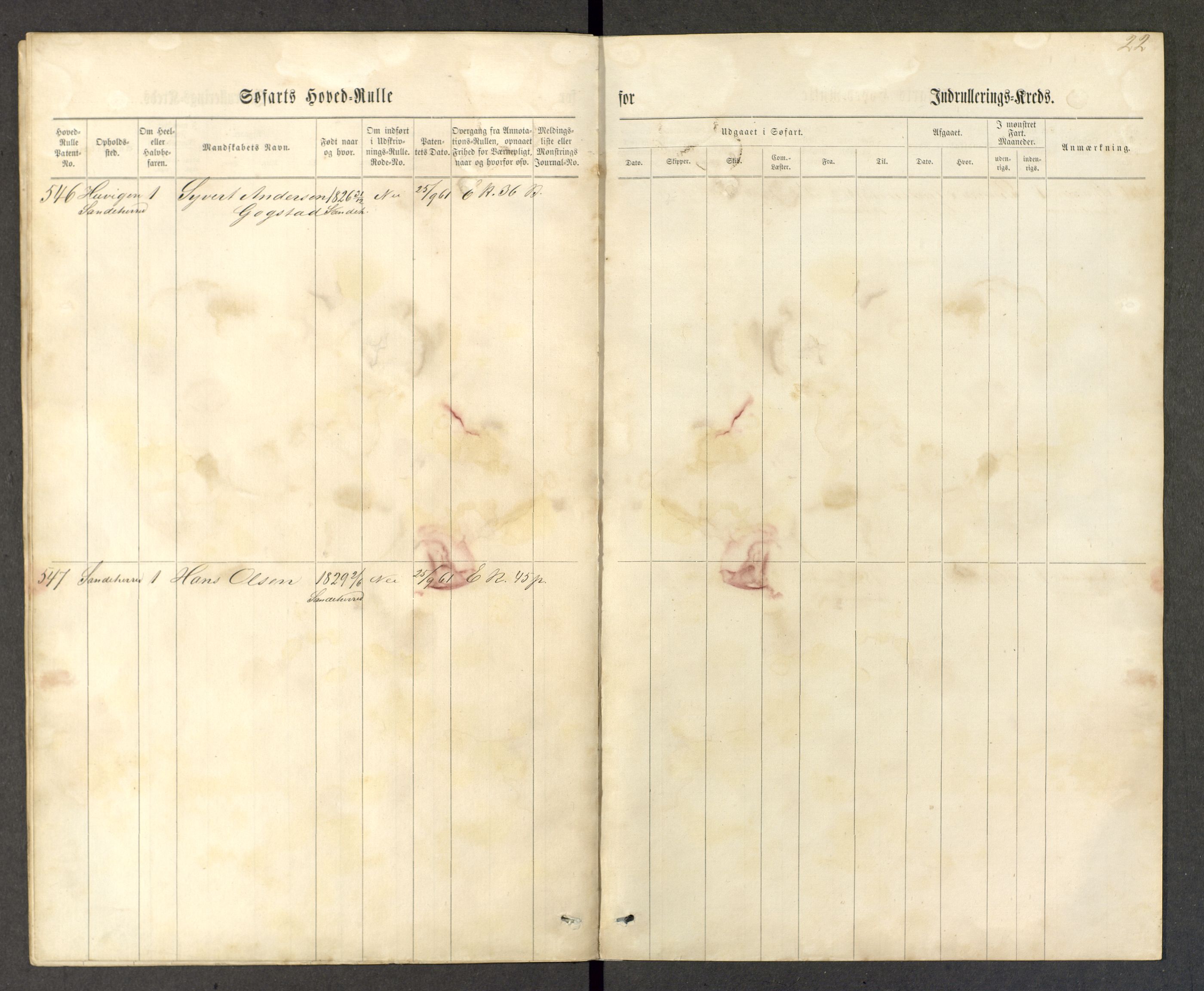 Sandefjord innrulleringskontor, AV/SAKO-A-788/F/Fb/L0003: Hovedrulle, 1861-1868, s. 22