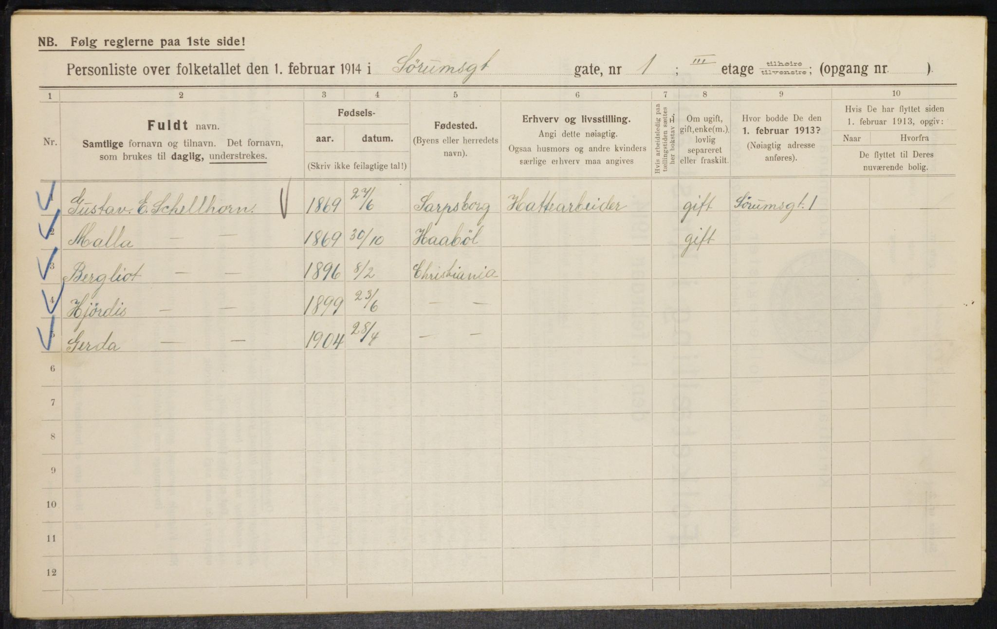 OBA, Kommunal folketelling 1.2.1914 for Kristiania, 1914, s. 107606