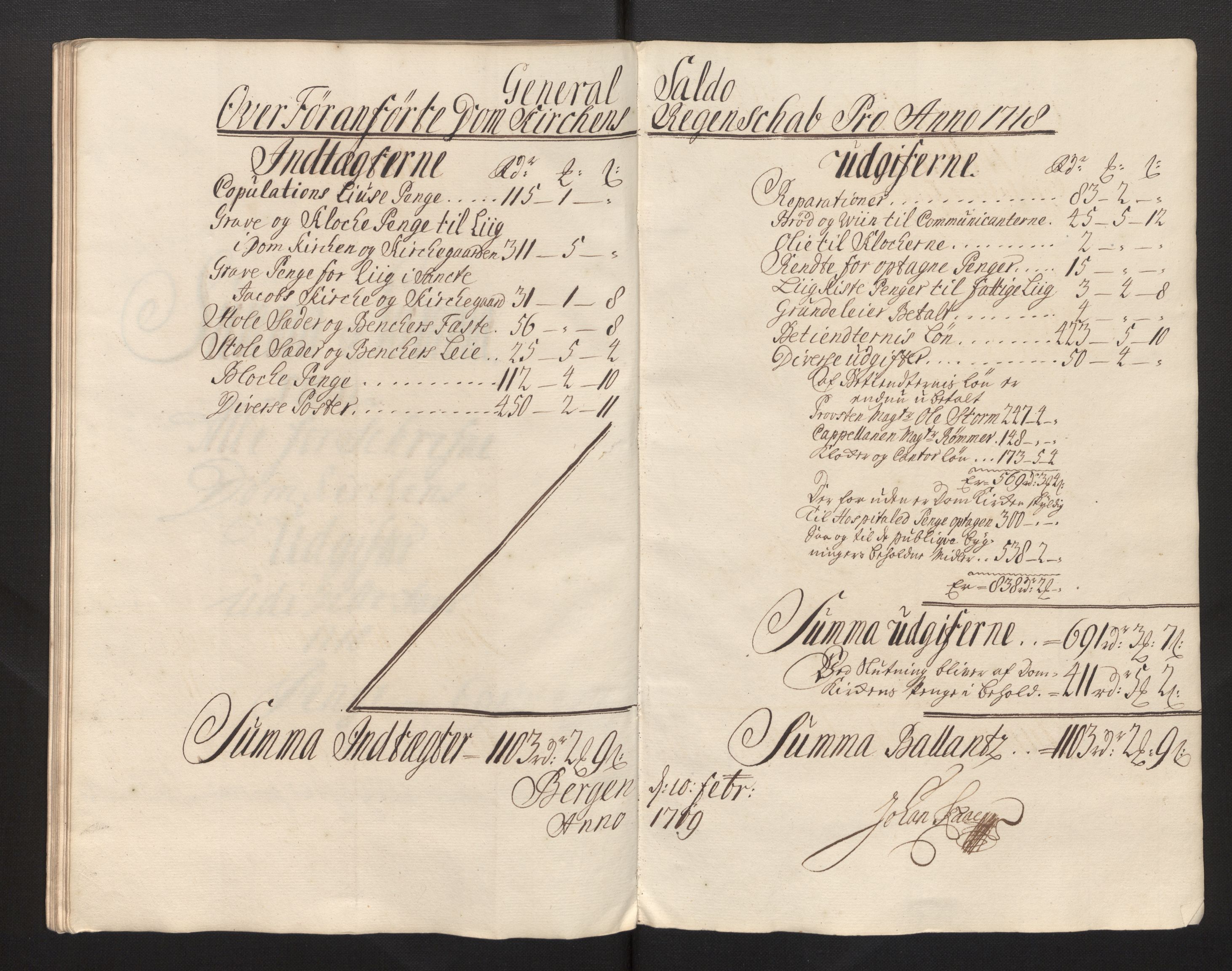 Stiftamtmannen i Bergen, AV/SAB-A-100006/F/Fb/Fbb/0001 / Lnr. 1737 - Domkirken: Rekneskapar, 1706-1721