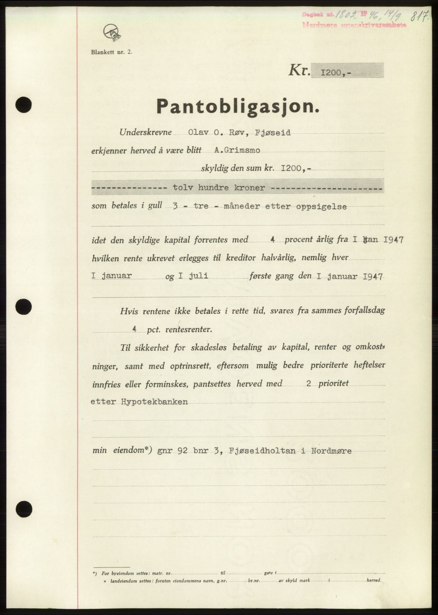 Nordmøre sorenskriveri, SAT/A-4132/1/2/2Ca: Pantebok nr. B94, 1946-1946, Dagboknr: 1802/1946