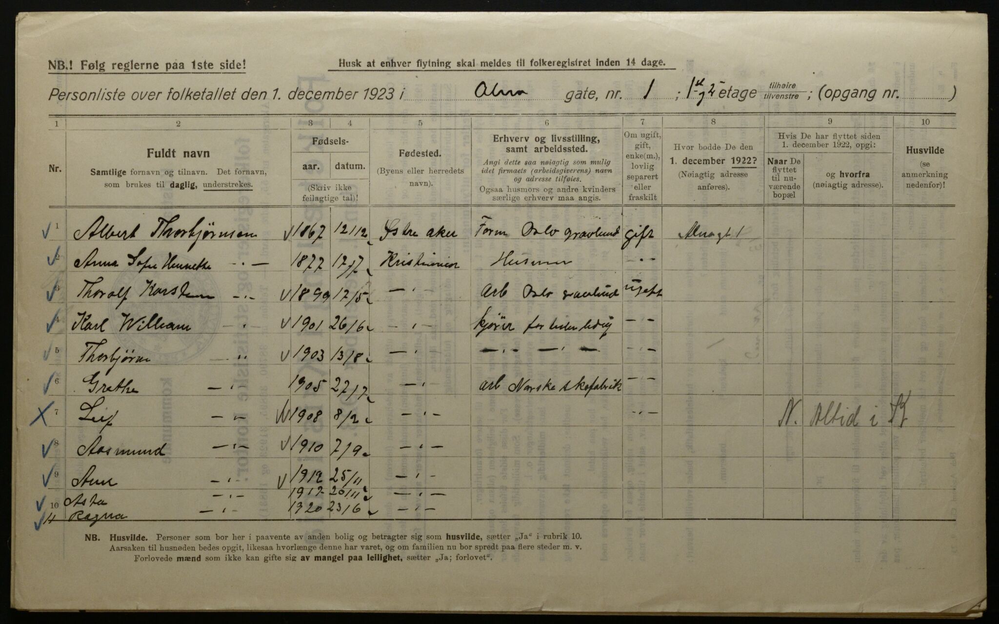 OBA, Kommunal folketelling 1.12.1923 for Kristiania, 1923, s. 1417