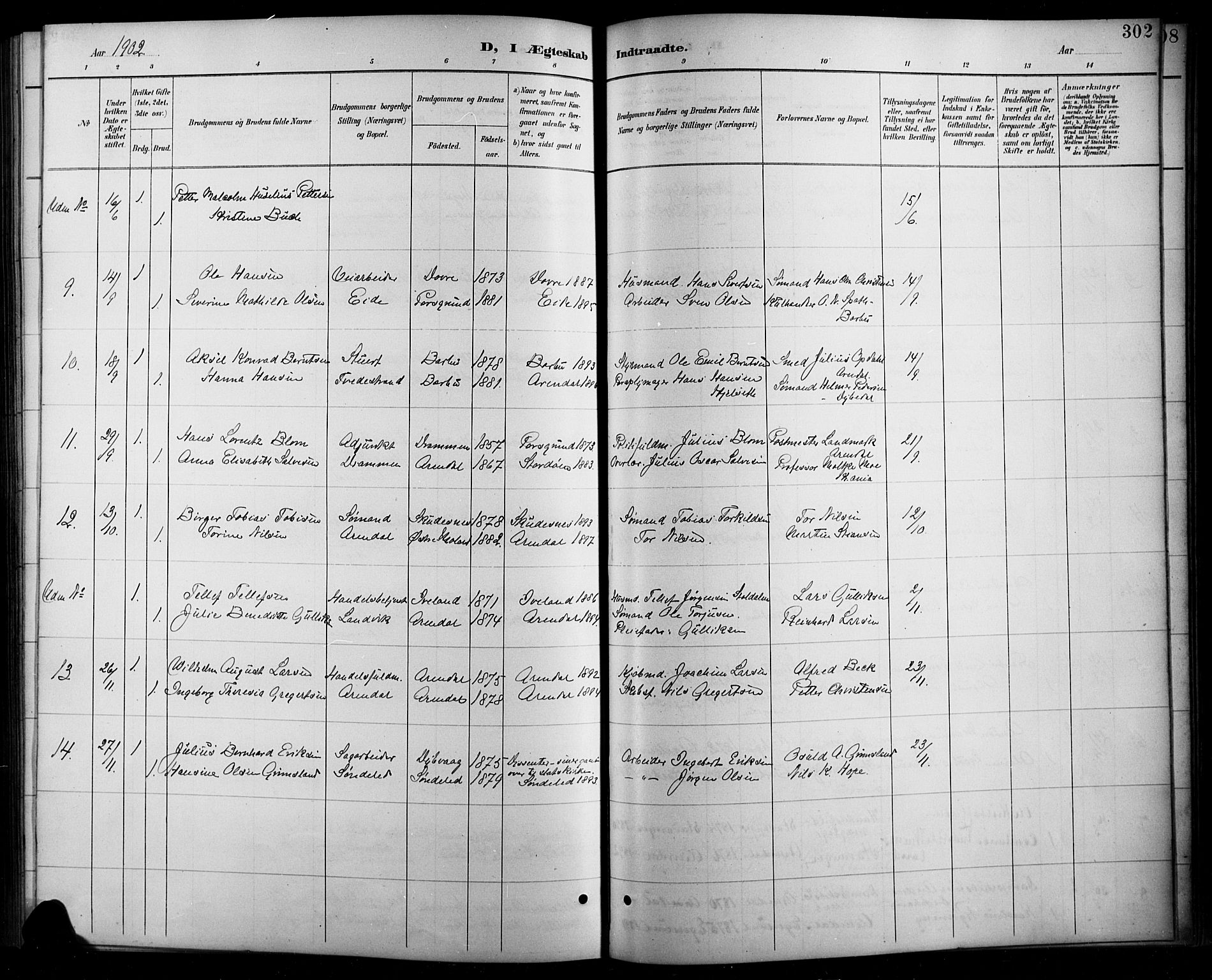 Arendal sokneprestkontor, Trefoldighet, AV/SAK-1111-0040/F/Fb/L0006: Klokkerbok nr. B 6, 1889-1916, s. 302
