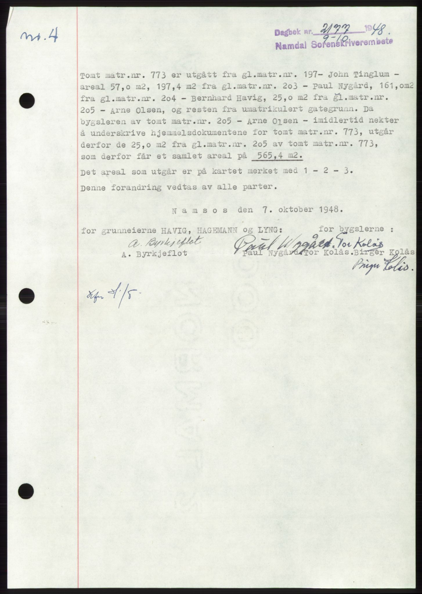 Namdal sorenskriveri, SAT/A-4133/1/2/2C: Pantebok nr. -, 1948-1948, Dagboknr: 2177/1948