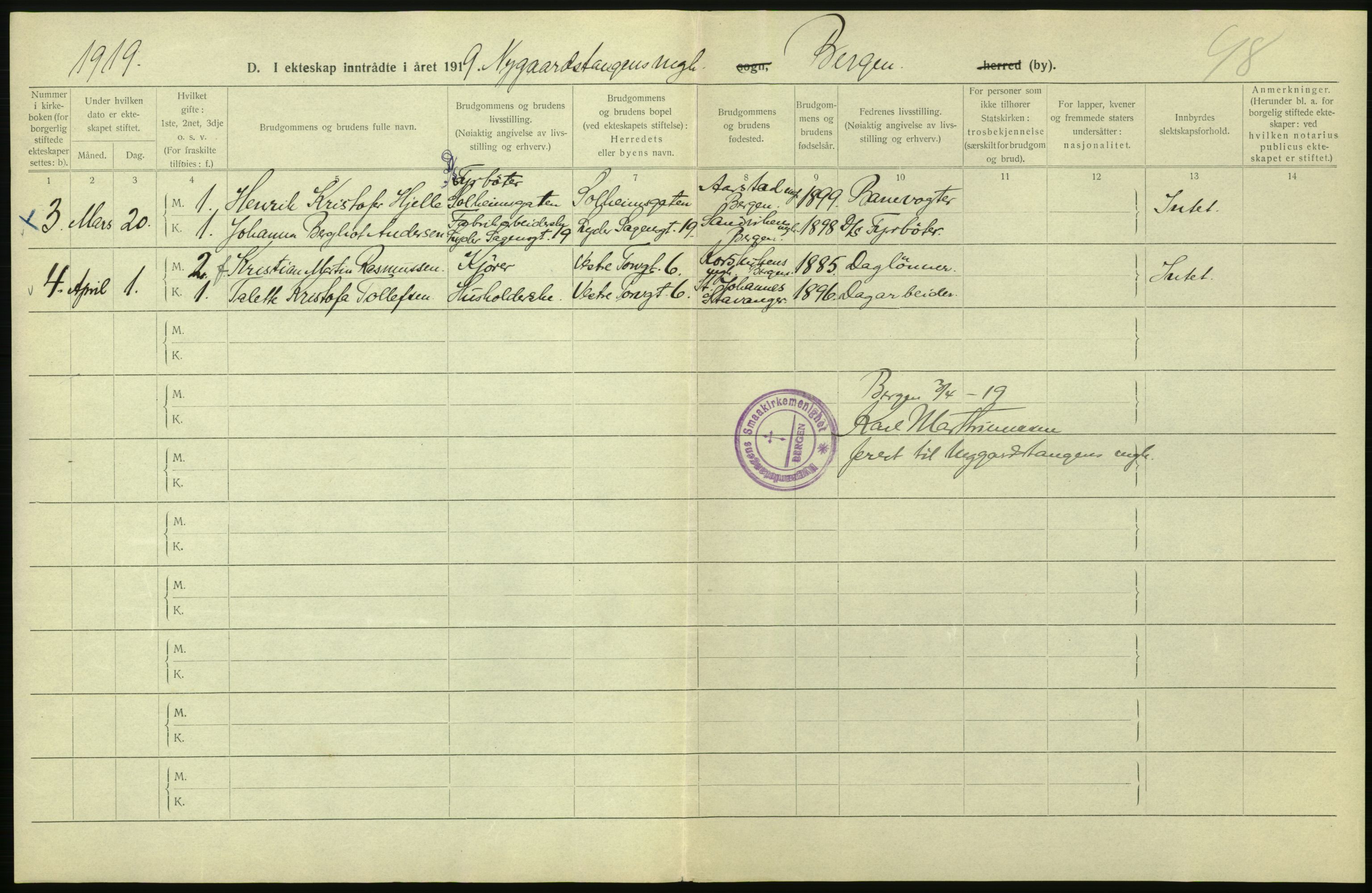 Statistisk sentralbyrå, Sosiodemografiske emner, Befolkning, AV/RA-S-2228/D/Df/Dfb/Dfbi/L0035: Bergen: Gifte, døde, dødfødte., 1919, s. 6