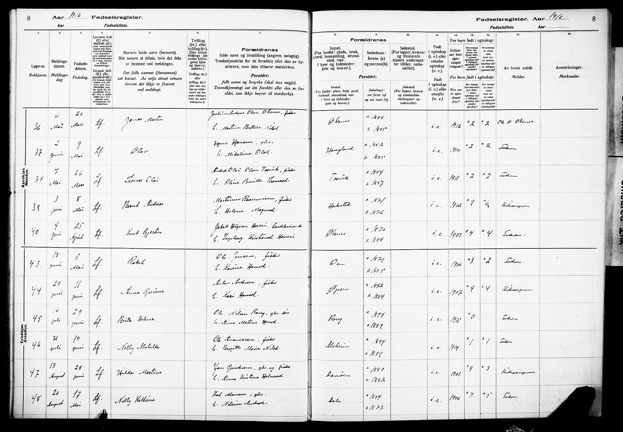 Herdla Sokneprestembete, SAB/A-75701/I/Id/L00A1: Fødselsregister nr. A 1, 1916-1929, s. 8