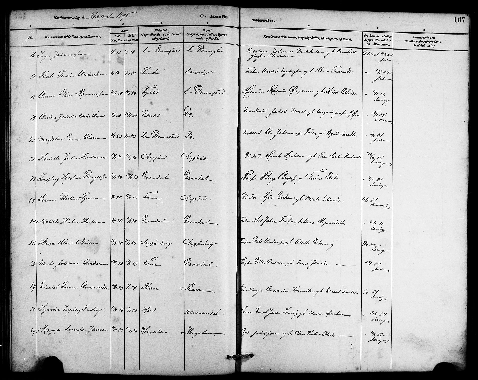 Laksevåg Sokneprestembete, AV/SAB-A-76501/H/Ha/Hab/Haba/L0003: Klokkerbok nr. A 3, 1887-1899, s. 167