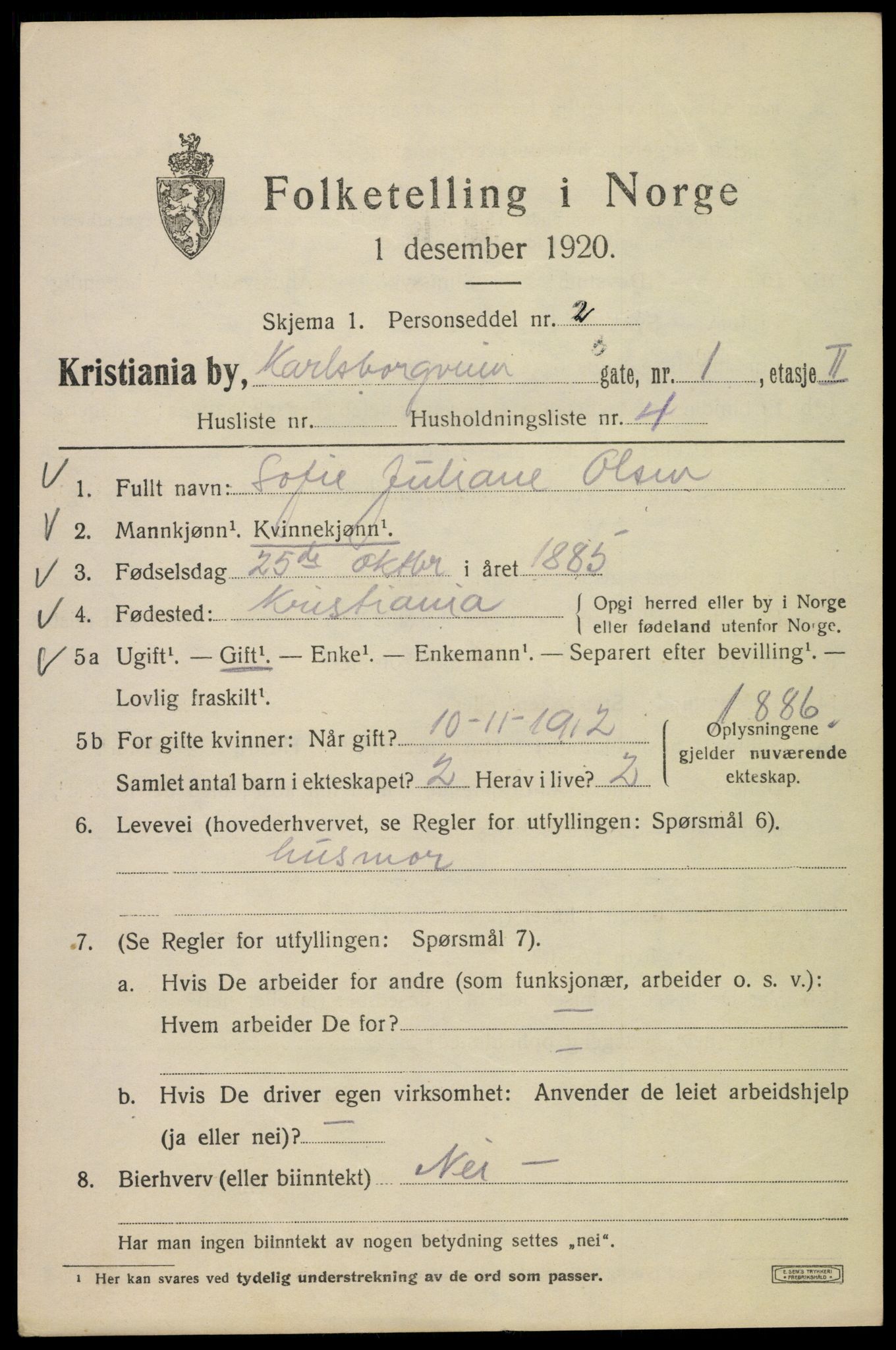 SAO, Folketelling 1920 for 0301 Kristiania kjøpstad, 1920, s. 330011