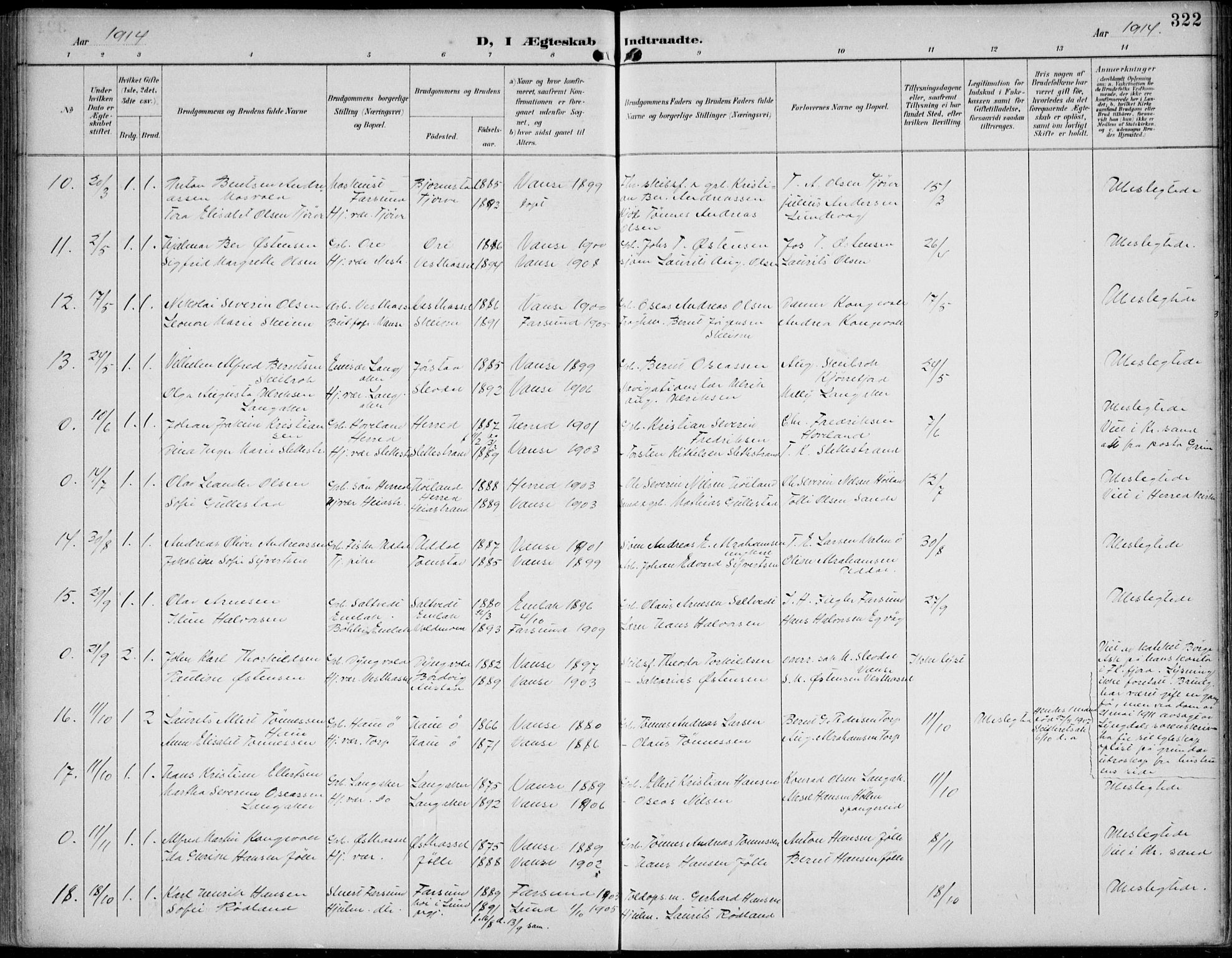 Lista sokneprestkontor, SAK/1111-0027/F/Fb/L0005: Klokkerbok nr. B 5, 1892-1923, s. 322