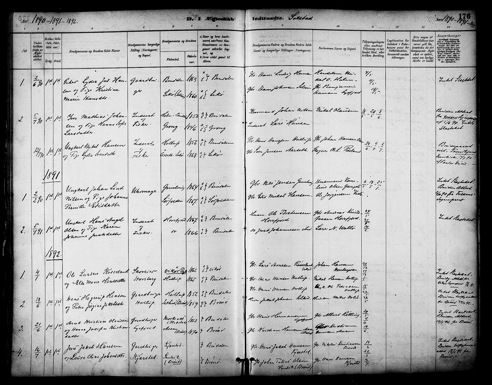 Ministerialprotokoller, klokkerbøker og fødselsregistre - Nordland, SAT/A-1459/810/L0151: Ministerialbok nr. 810A10 /2, 1885-1895, s. 176