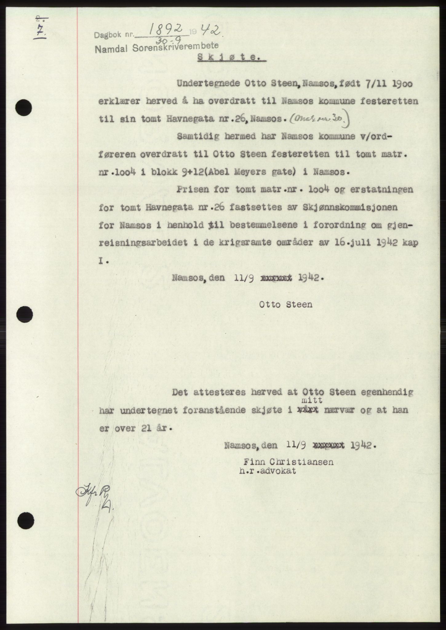Namdal sorenskriveri, SAT/A-4133/1/2/2C: Pantebok nr. -, 1942-1943, Dagboknr: 1892/1942