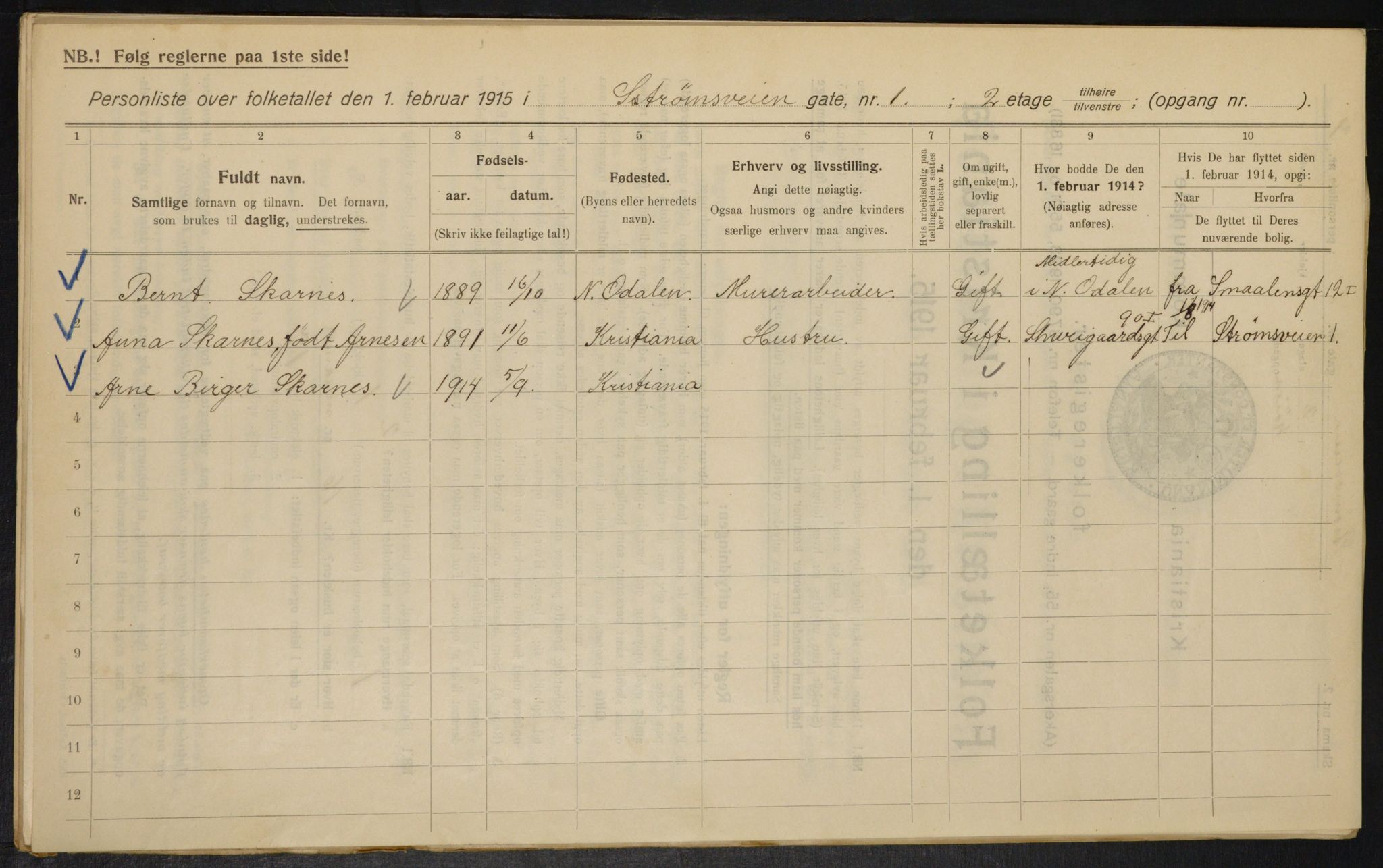 OBA, Kommunal folketelling 1.2.1915 for Kristiania, 1915, s. 104125